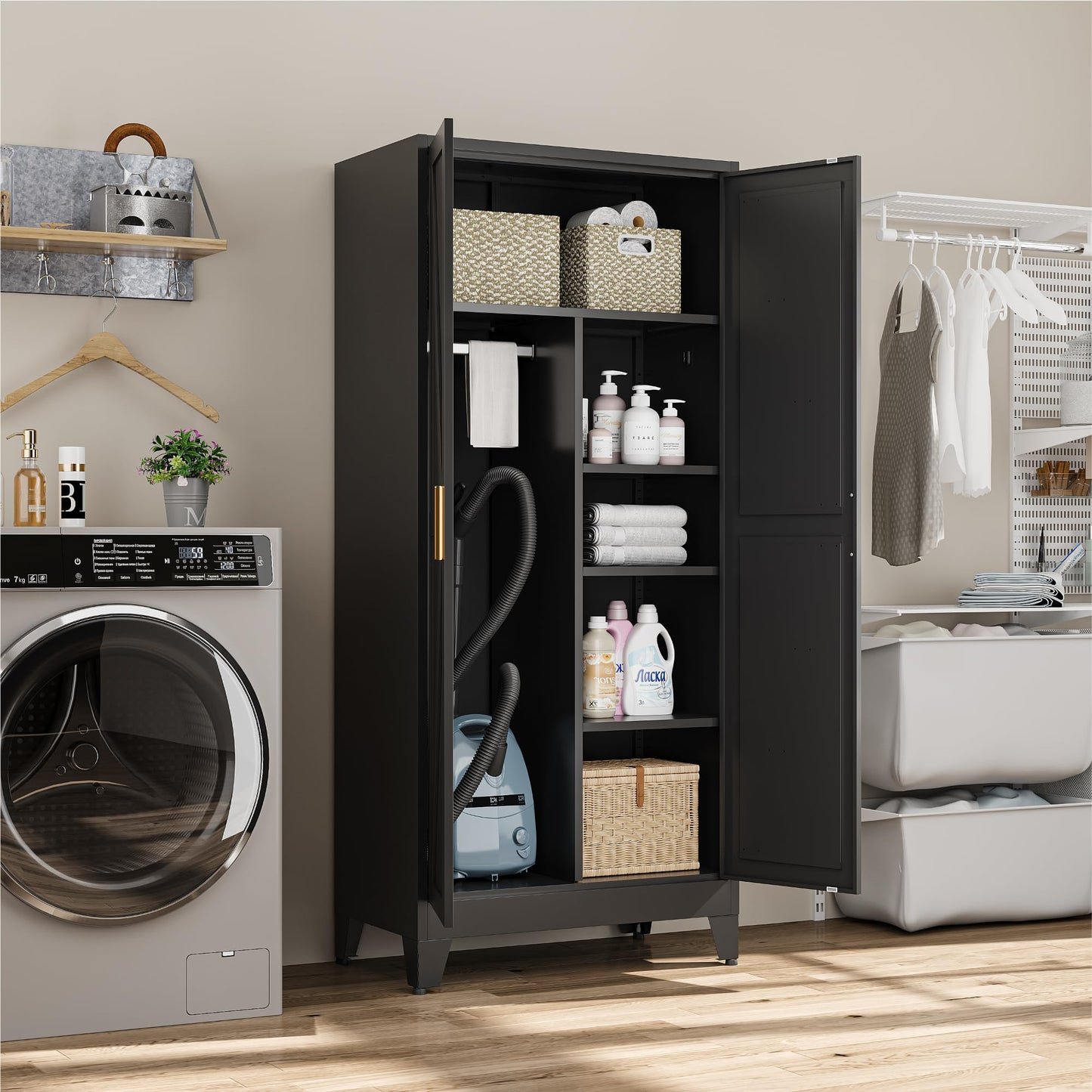 Metal Broom Closet Cabinet, Utility Storage Cabinet with 4 Shelves, Farmhouse Metal Closet with Doors, 71" Tall Storage Cabinets with Hanging Rod and Clothing Shelf for Hallway Laundry Mudroom