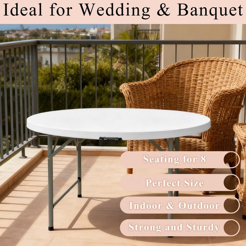JALANCY 4 FT Round Folding Tables with Carrying Handle Lightweight Portable Plastic Commercial Table Steel Legs for Party, Dining, Wedding, Events, Picnic Indoor, Outdoor (White,1 Pack)