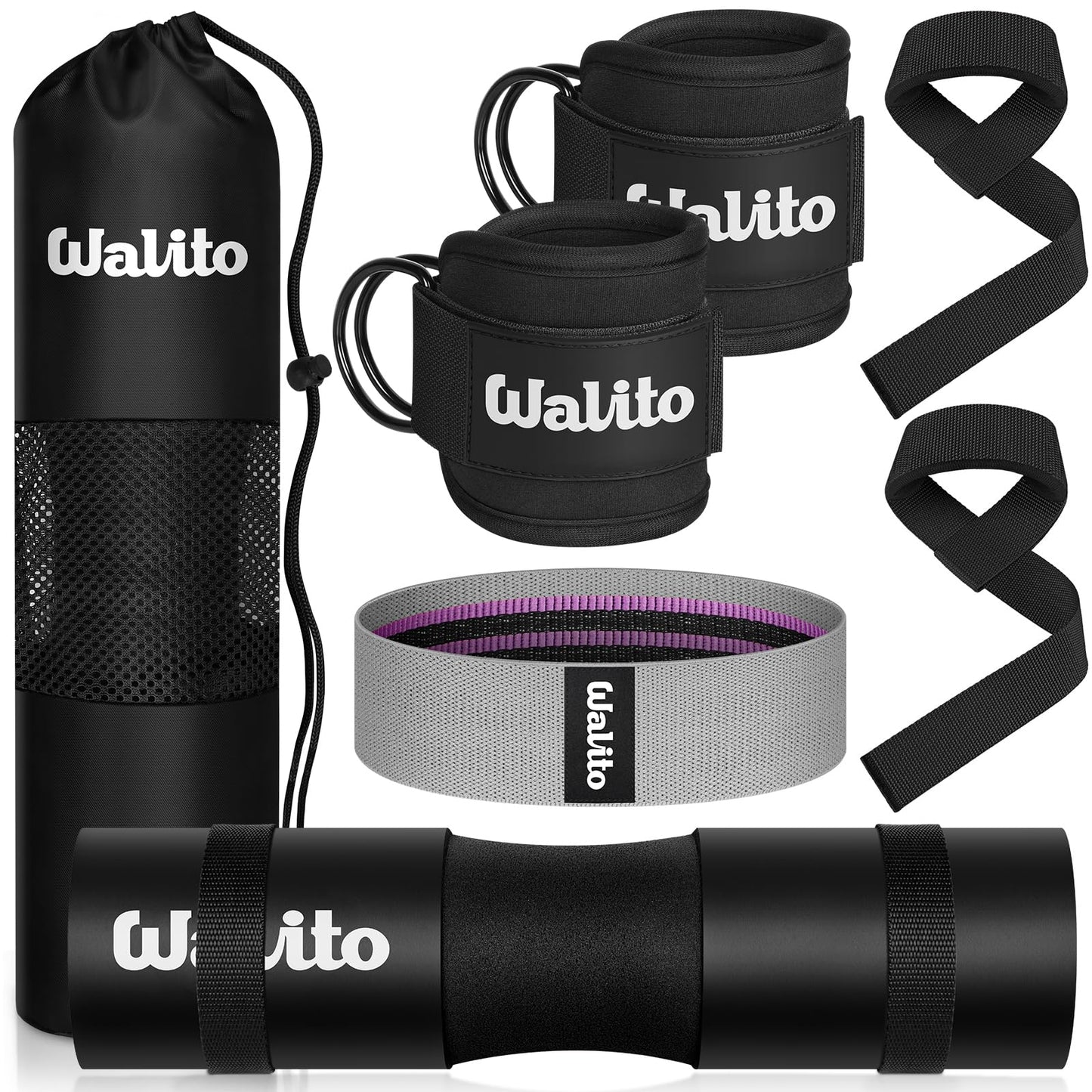 WALITO 8Pcs Barbell Pad Set for Hip Thrust - Squat Pad,Gym Accessories for Women with Bar Bad,Bench Press, with Gym Ankle Straps,Resistance Bands for Working Out,Lifting Strap,Carry Bag (Black)