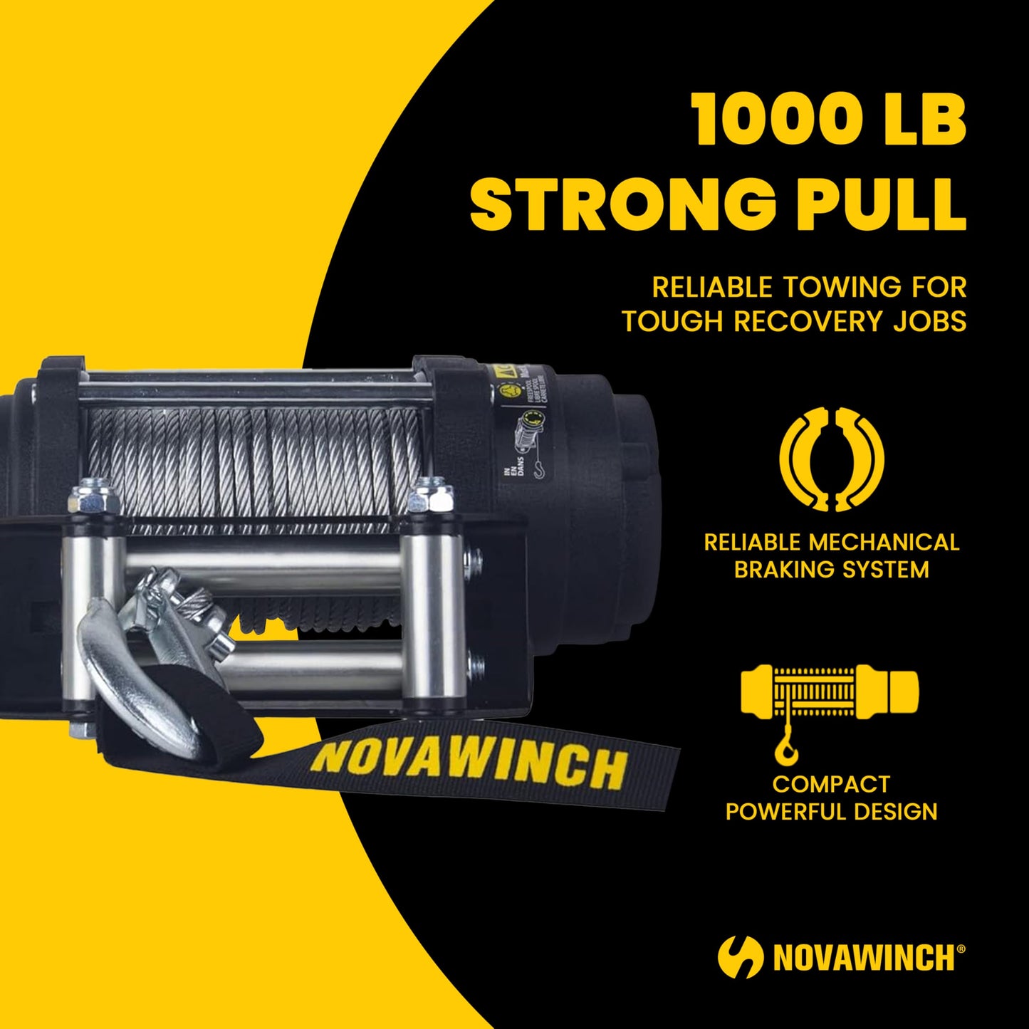 Novawinch TH1000 Electric Hoist 1000 lb - 12V DC Power Hoist with Mechanical Brake - Cable Hoist with Plug in Remote Control - Vertical or Horizontal Mount Lifting System for Material Handling