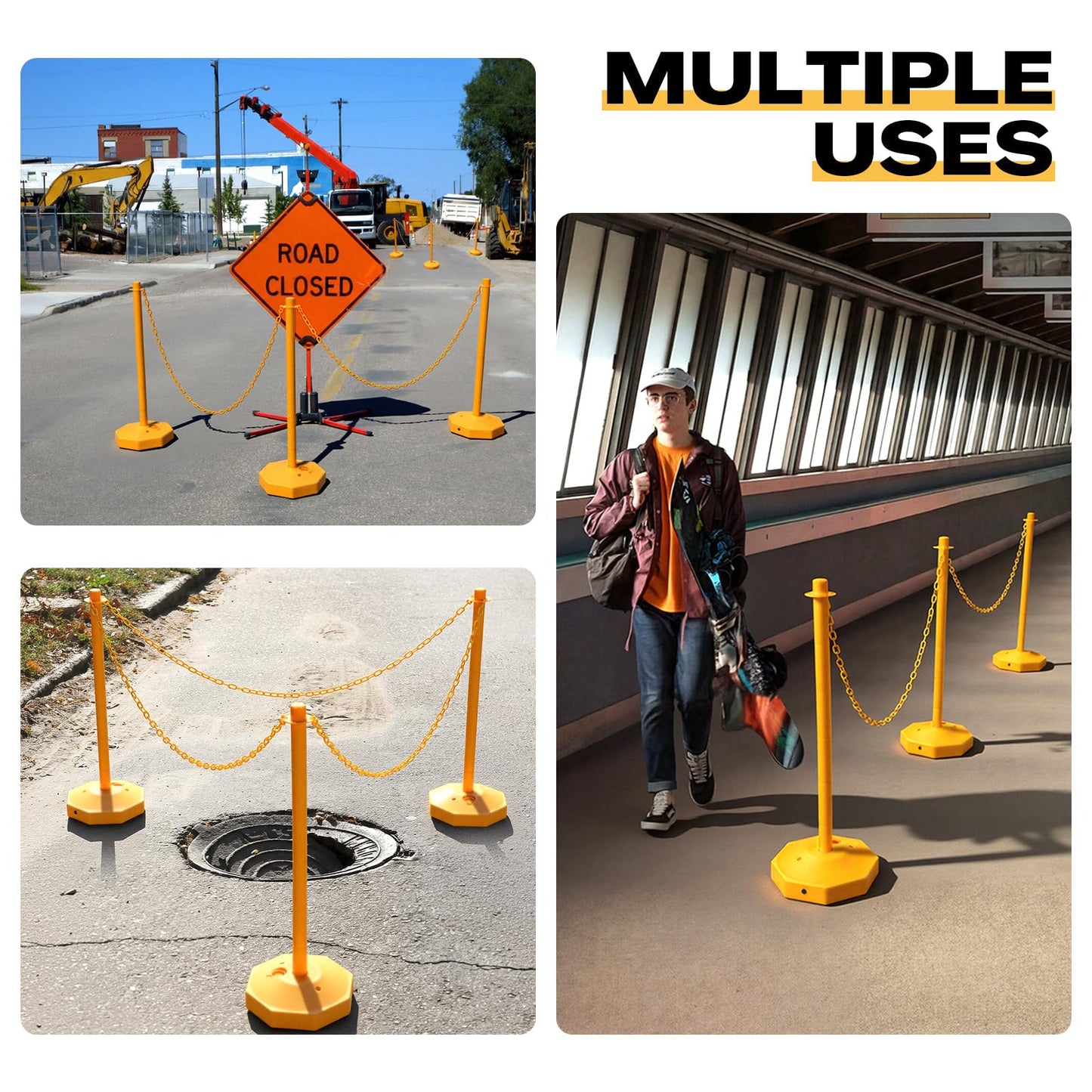 Geiserailie 12 Pack 12 Pack Traffic Barrier Posts 5ft Chains 34" Crowd Control Stanchions Parking Cone Plastic Stanchion Detachable Warning Bollard for Parking Lot Events & Construction Areas (Yellow)