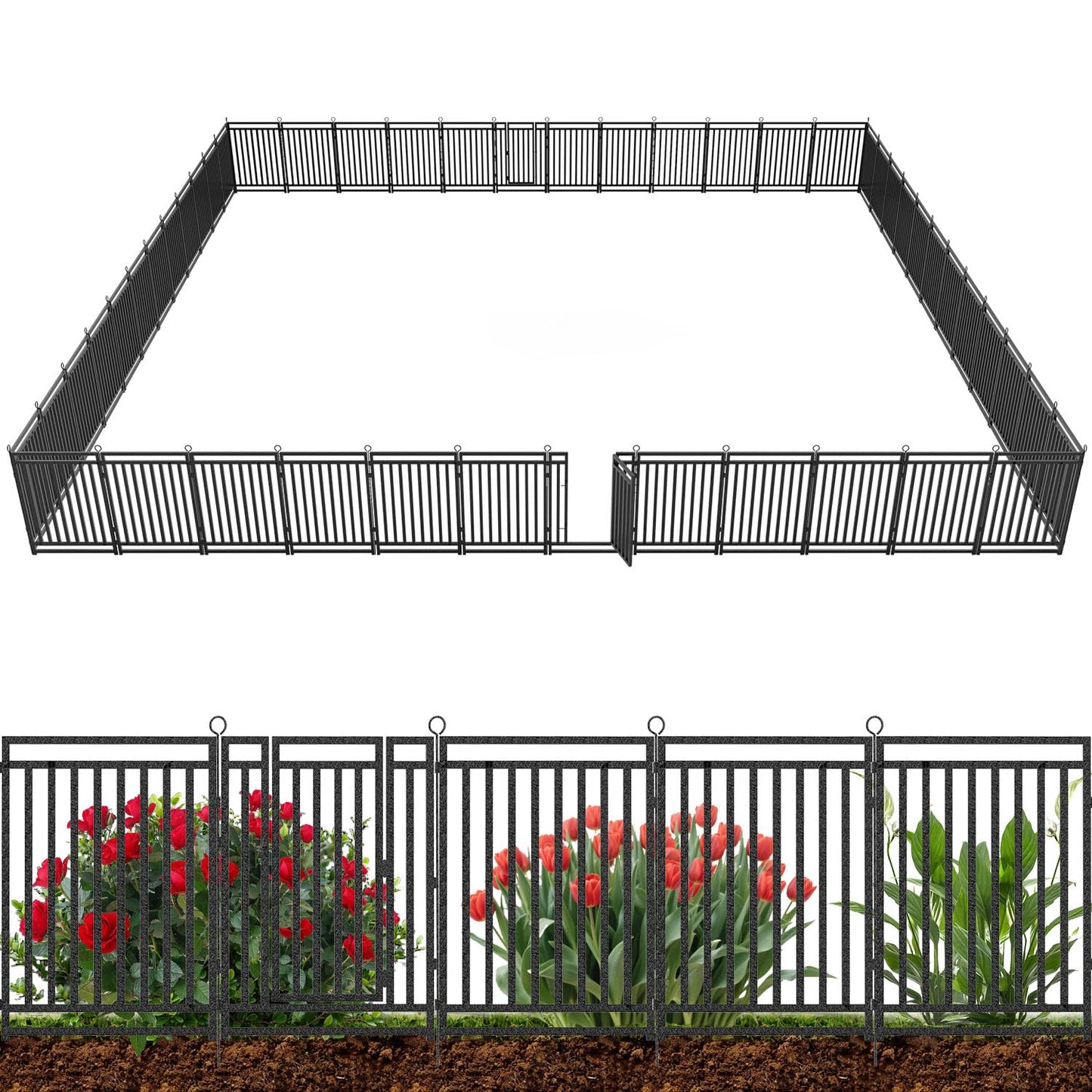Decorative Garden Fence Metal Dog Fence Outdoor for Yard, 110ft (L) × 40in (H), 42 Panels + 6 Gates, Heavy Duty Animal Barrier Fencing for Patio & Flower Bed, No Dig, Black-Silver