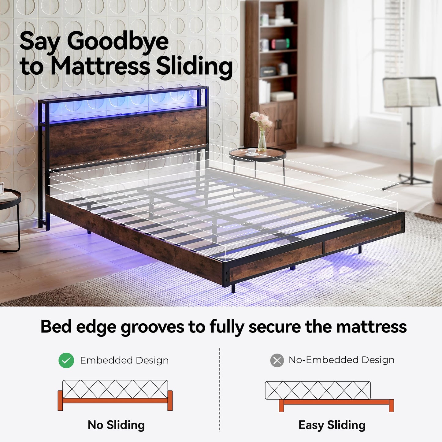 BedsPick Full Bed Frame with 2-Tier Storage Headboard, Metal Platform Full Size Bed Frame with Smart LED Lights & USB Charging Station, Noise-Free/Metal Support/No Box Spring Needed, Brown