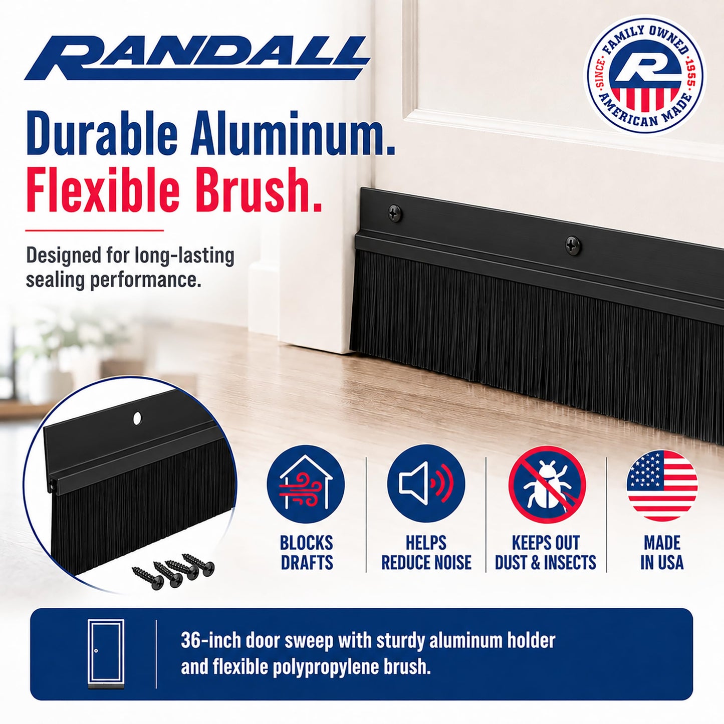 3 FT Black Aluminum Door Sweep with Black Brush Seal | Fills Gaps Up to 1 1/2” | Pre-Drilled with Matching Color Screws Included | Draft Stopper, Dust & Debris Blocker | Made in USA