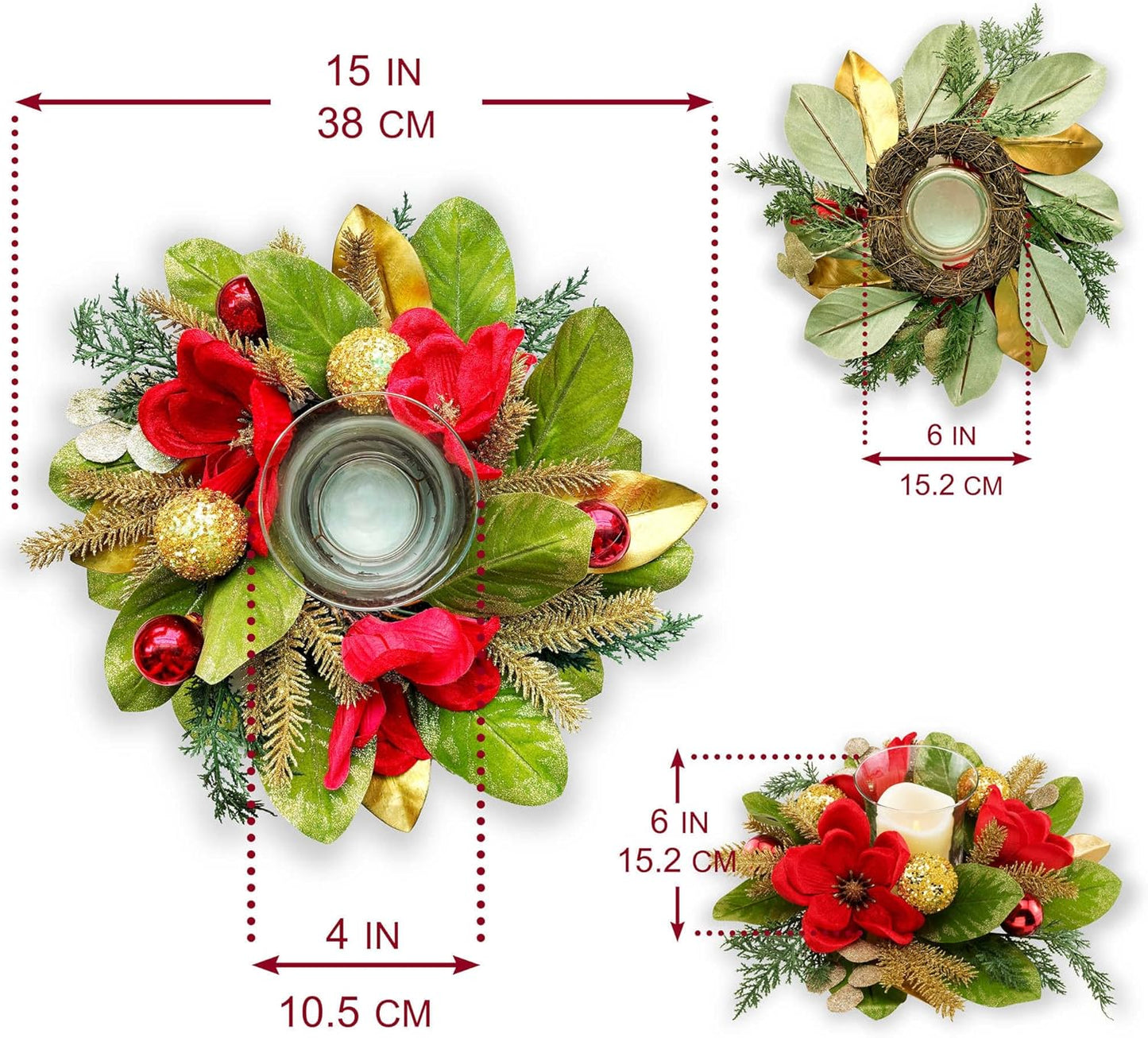 Skiennix 18" Centerpiece - Flameless LED Candle Holder with Red Magnolia & Gold Baubles for Holiday Decor