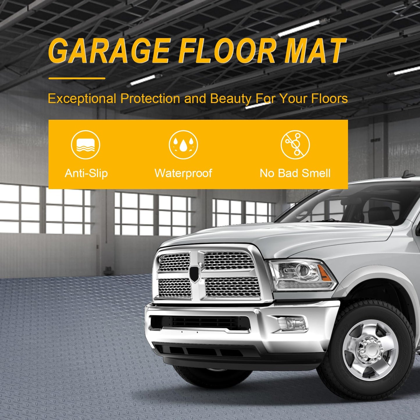 7.5x25 FT Garage Floor Mat, 2.8mm Thickened Flooring Roll Under Car Mat with 20Pcs Tapes, Diamond Plate, Non-Slip Floor Protector Mat for Trailer, Garage, Warehouse, Gyms, Trailer, Matte Gray