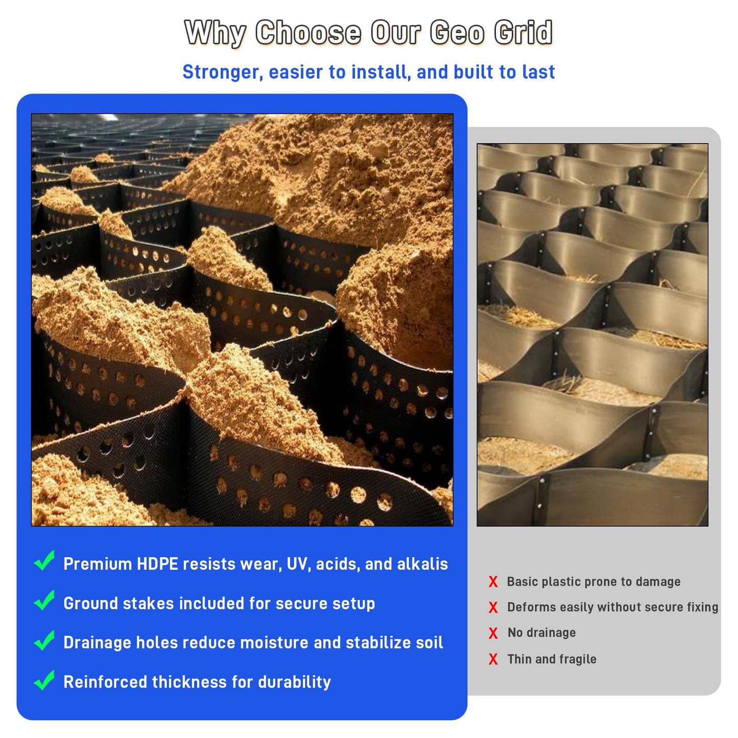 2" Depth Ground Grid, 49.5x6.5 FT Geo Gravel Grid Driveway 1885 lbs per Sq Ft Load, Geogrid Ground Stabilization System with Connection Buckles and Stakes for Driveways Walkway Slope Pathway & Garden