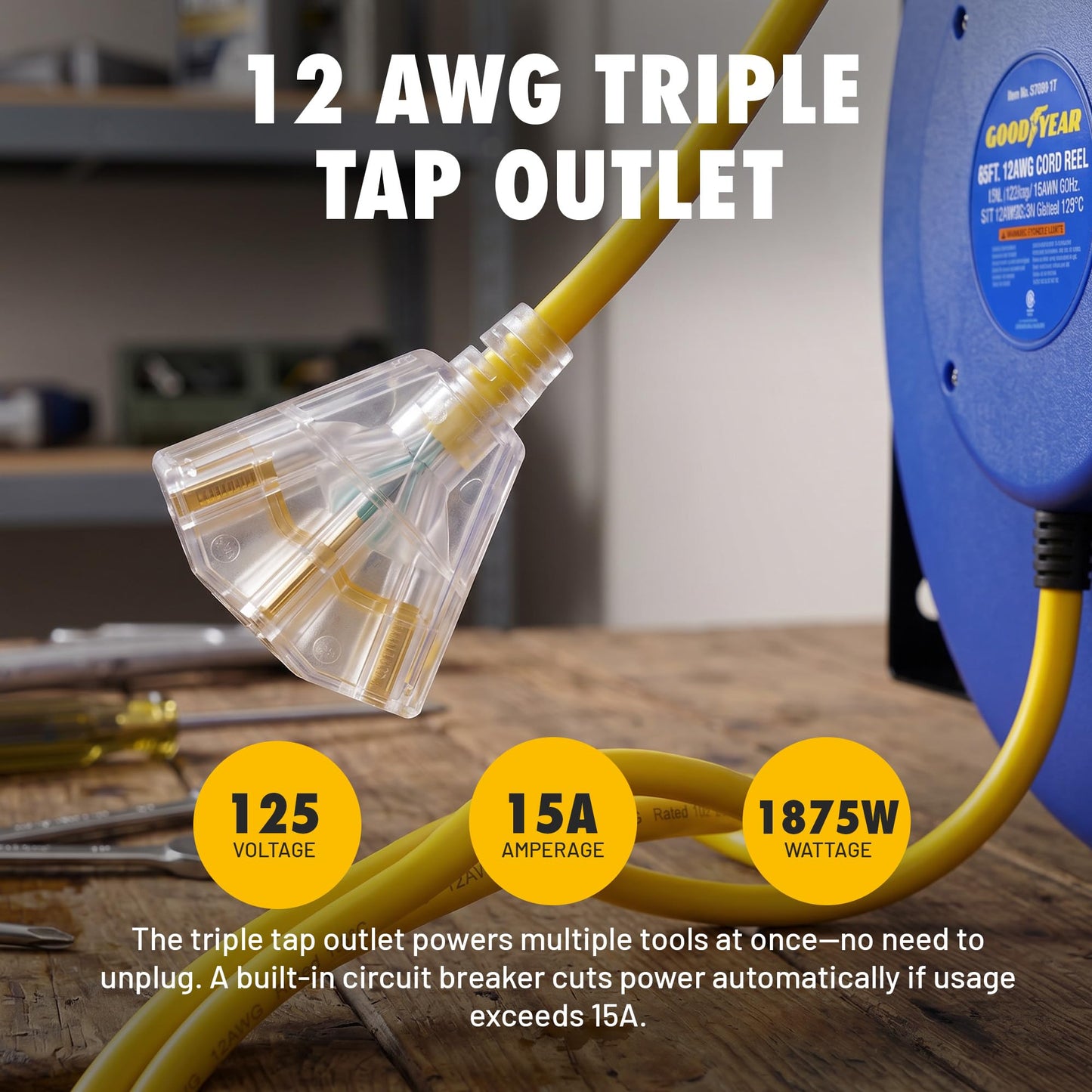Goodyear Retractable Extension Cord Reel – Heavy-Duty Commercial Cable with Triple Tap Connector, Auto-Rewind & Wall/Ceiling Mountable (Enclosed, 12AWG x 65 ft)