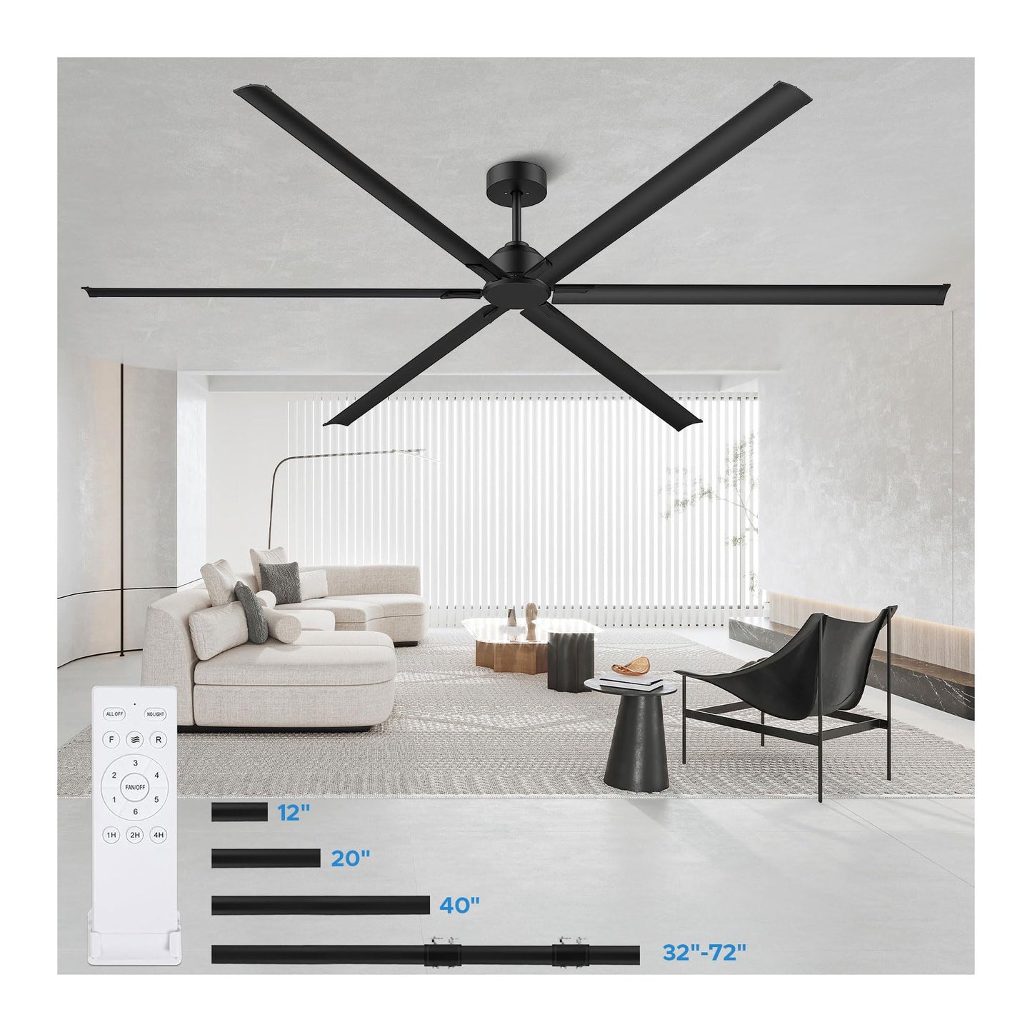 Esxnaeplzx 108 Inch Industrial Ceiling Fan, Large Commercial Ceiling Fan with 6 Aluminum Blades, HVLS Shop Fan for Garage Warehouse Gym, Quiet Reversible DC Motor, 6-Speed Remote, 3 Downrods, Black