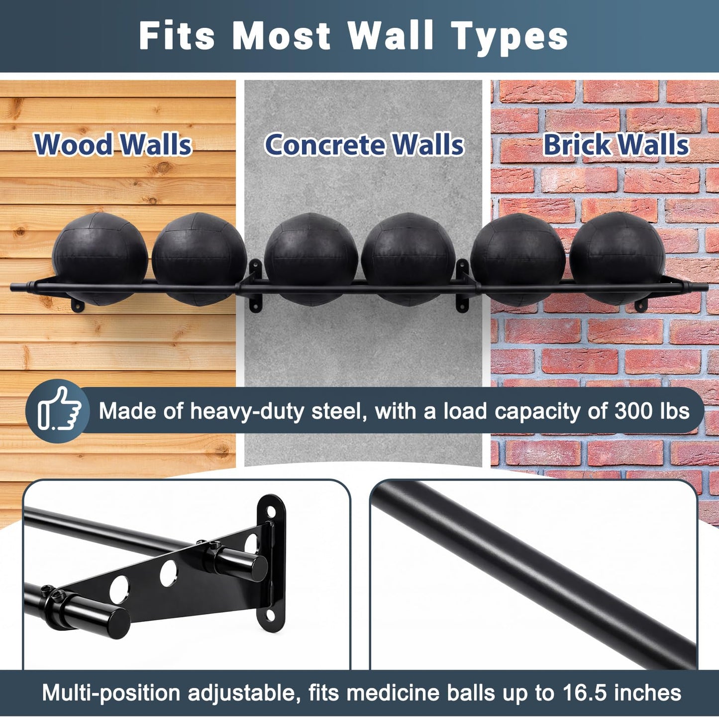 Sintuff 103 Inch Wall-mounted Adjustable Medicine Ball Storage Rack, Holds up to 6 Balls Storage Rack Basketballs, Space-saving Gym Equipment Durable Metal Organizer for Home Commercial Workout Space