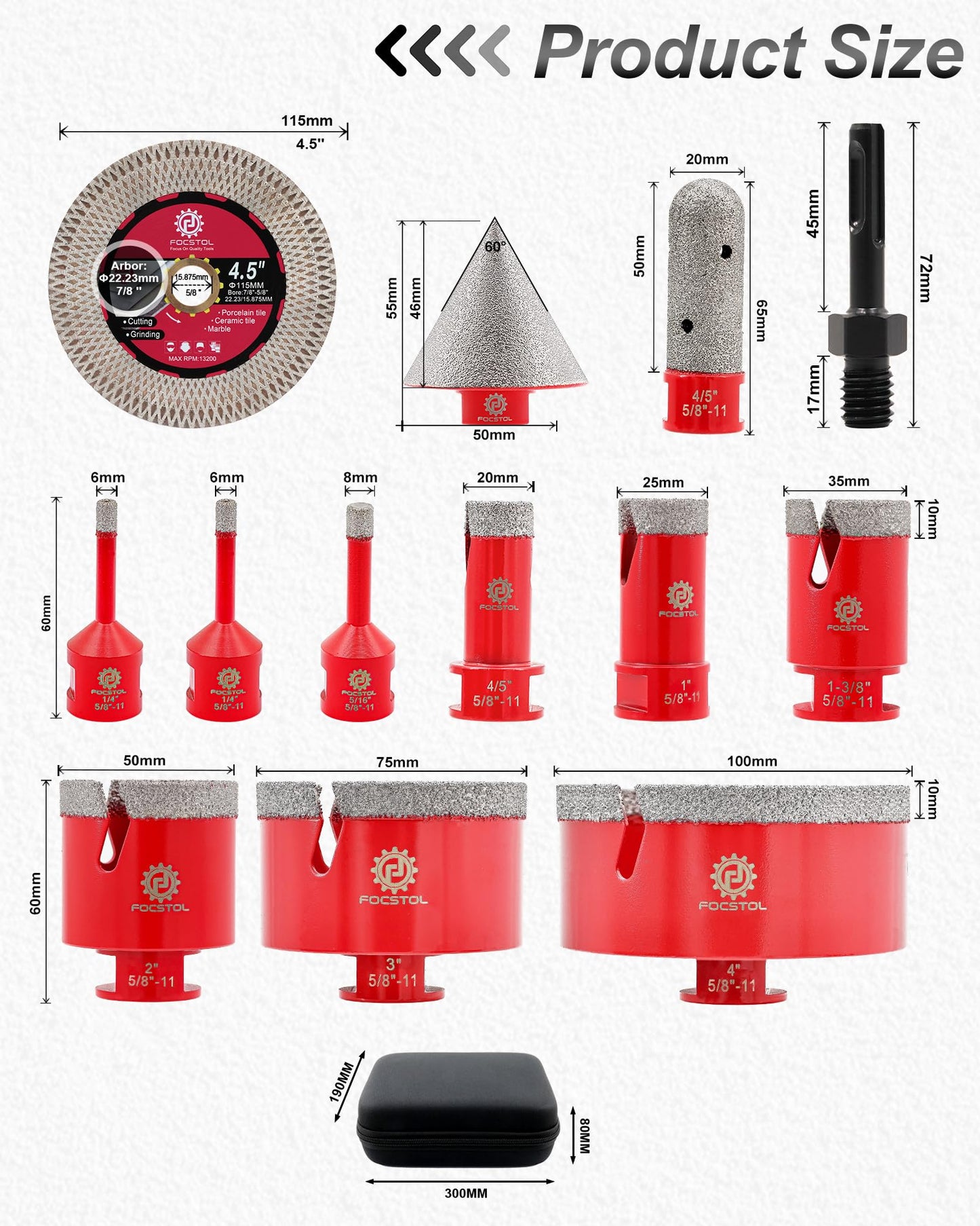 FOCSTOL Diamond Tile Hole Saw Kit 13pcs - (6/6/8/20/25/35/50/75/100mm+20mm Milling Bit+50mm Chamfer Bit+SDS+115mm Saw Blade) Diamond Core Drill Bit Set for Porcelain Tile Ceramic Marble Granite