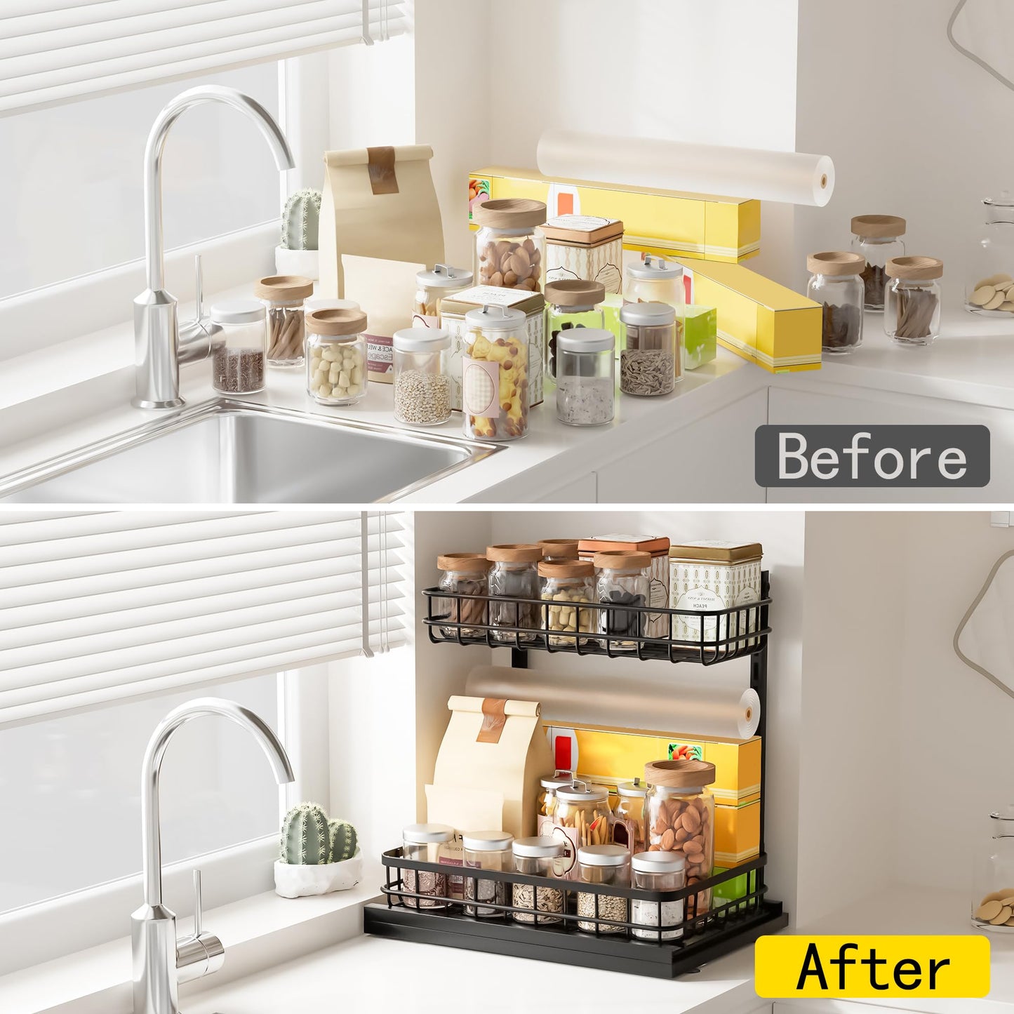 Uninol Under Sink Organizer, Adjustable Height Pull-Out Kitchen Storage Organization,15.8" x 11.8" x 16.5", 2-Tier Kitchen Shelf, Bathroom Drawer Organizer, 2 Pack|Black