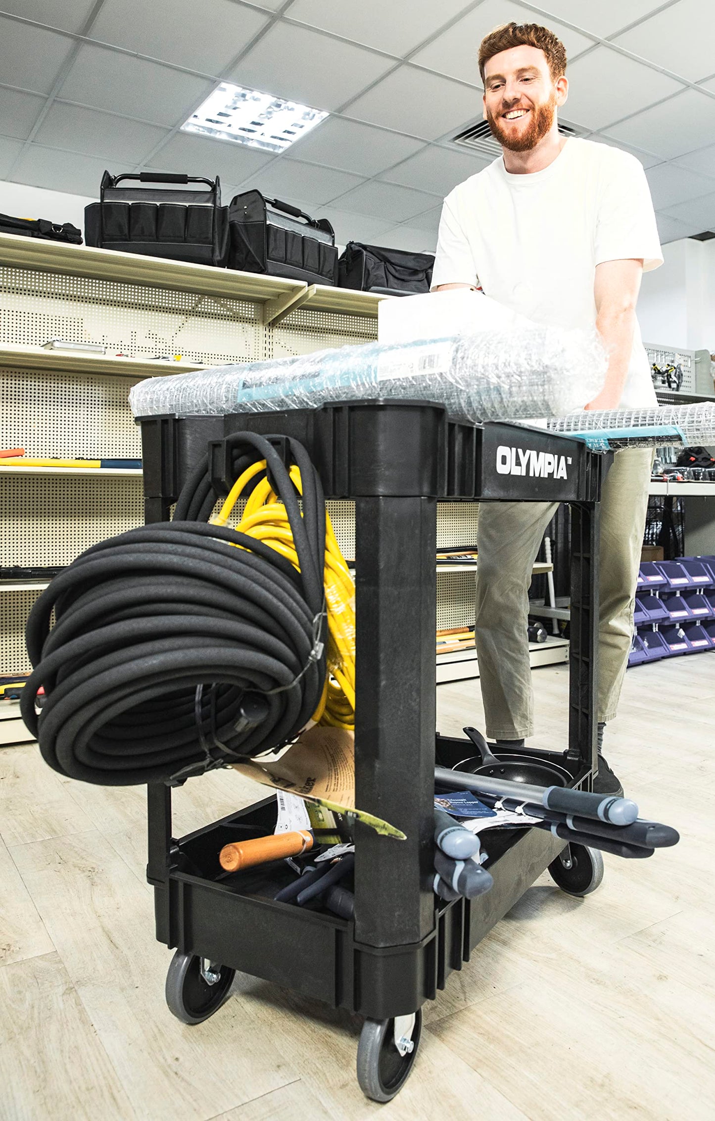 Olympia Tools 2 Tier Rolling Carts with Wheels – 500lbs Heavy Duty Utility Cart, Locking Swivel Wheels – Work Cart for Garage, Service & Industrial Use, Built-in Ruler