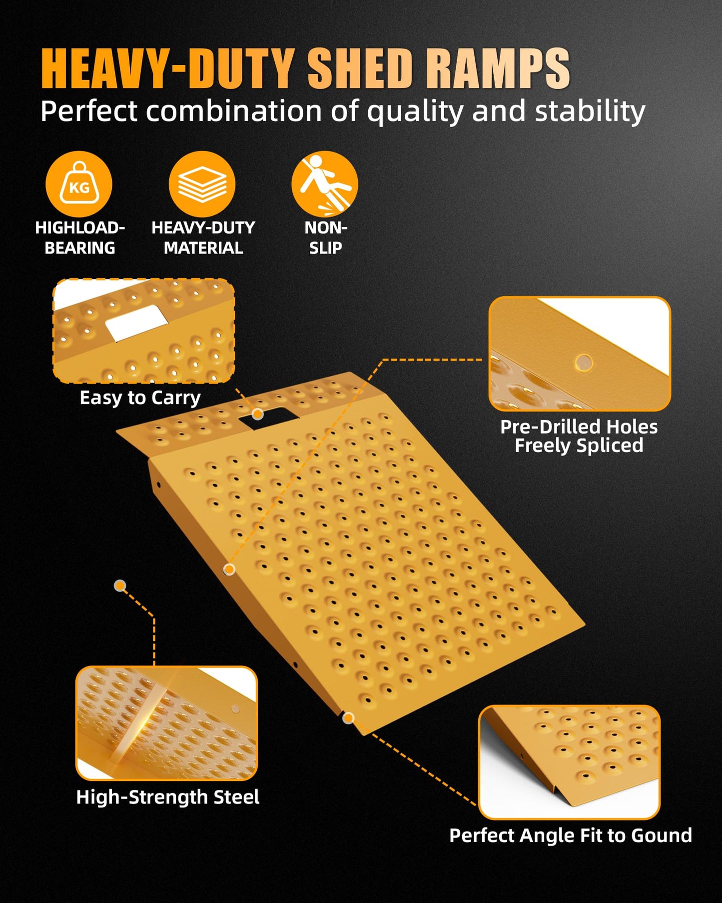 VNN 29" x 24" Shed Ramp for Riding Mower - 750 LB Capacity Shed Ramps, Anti-Slip Punch Plate Ramp for ATV, Motorcycles, Garages & Barns (1PC, Yellow, Alloy)