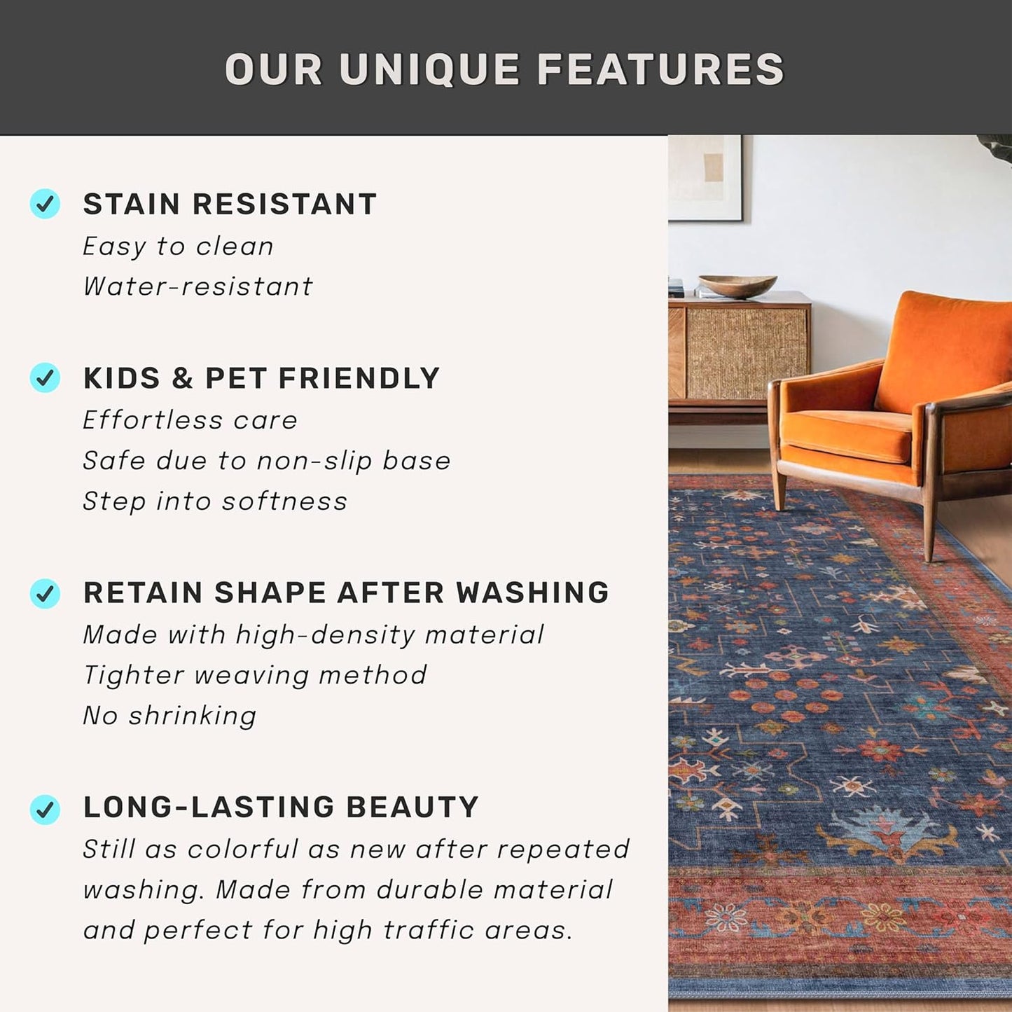 Skiennix Washable 10 Ft Long Hallway Runner Rug - Navy Blue, Pet-Friendly & Waterproof with Non-Slip Rubber Backing