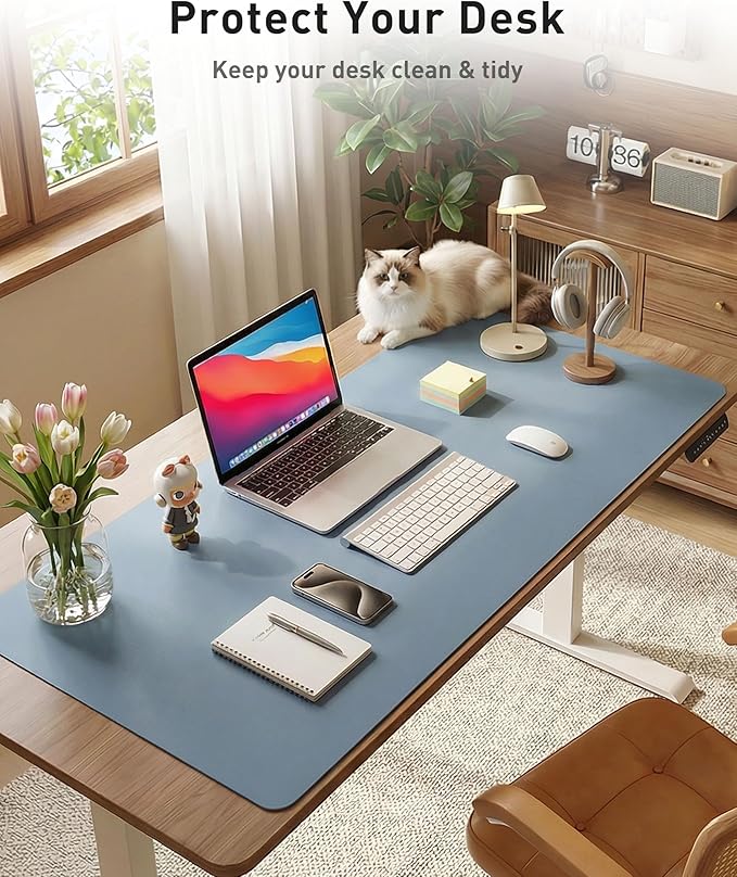 Aothia Faux Leather Desk Mat - Large Mouse Pad, Non-Slip PU Leather Blotter, Waterproof Writing Surface for Office and Home (Denim Blue, 42" x 17")