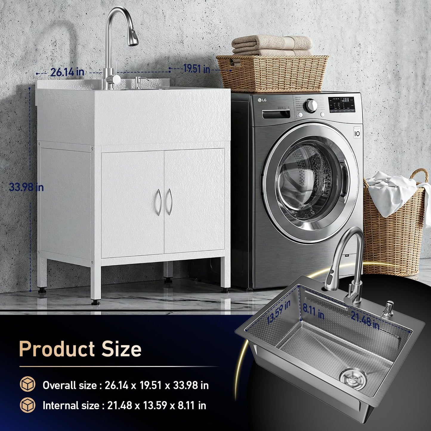 Laundry Sink with Cabinet, 26-Inch Wider Stainless Steel Utility Sink, Full Body Heavy Duty Design for Kitchen, Bathroom, Garage & Multi-Use Applications