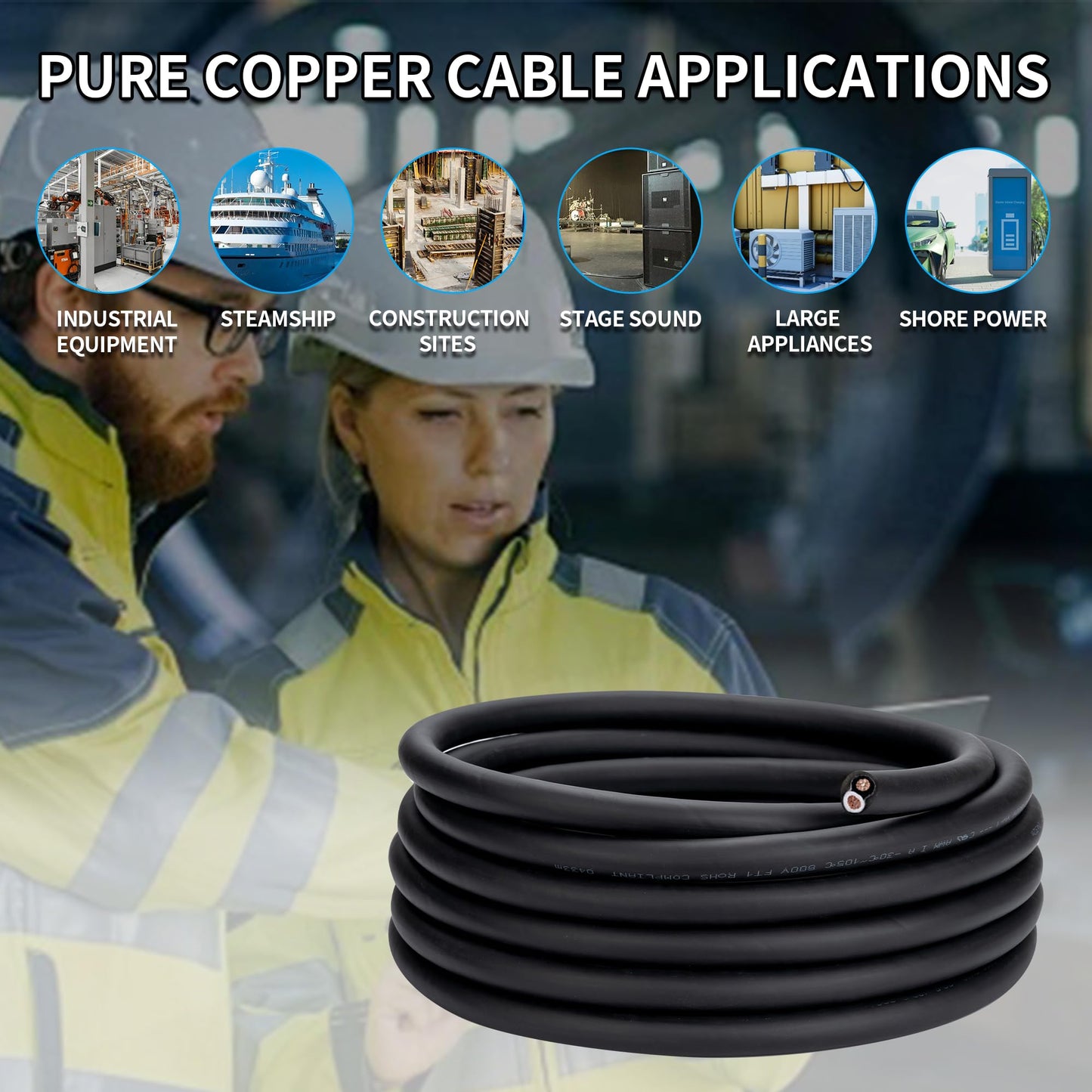 6 Awg 2 Wire Cable 100FT 600V 6 Gauge 2 Conductor Electrical Wire for Motor Leads, Portable Lights, Battery Chargers, Machinery, Large Speakers (6AWG-2C, 100FT)