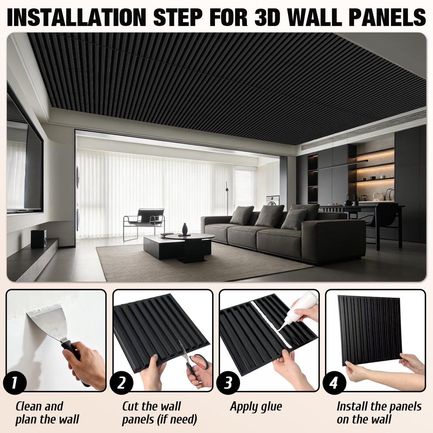 Qidejoy 12 Pcs 3D PVC Slat Wall Panels, 2x4 FT Ceiling Panels, Decorative Drop Ceiling Tiles, Fluted Textured Modern Paneling for Interior Decor, Living Room, Bathroom, TV Background, Office (Black)