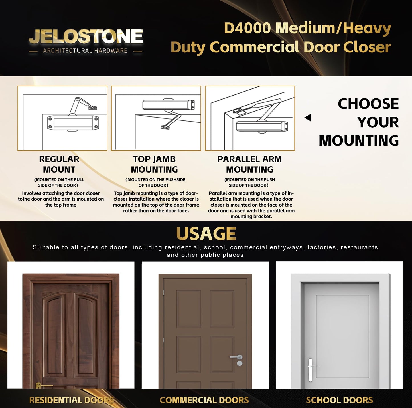 JELOSTONE Medium/Heavy Duty, Commercial Door Closer D4000, ANSI Grade 1, UL 3 Hour Fire Rated, ADA Compliant, Adjustable Spring Size 1-6 for Doors (44-330lb, 30-60 in), Indoor/Outdoor (Black)