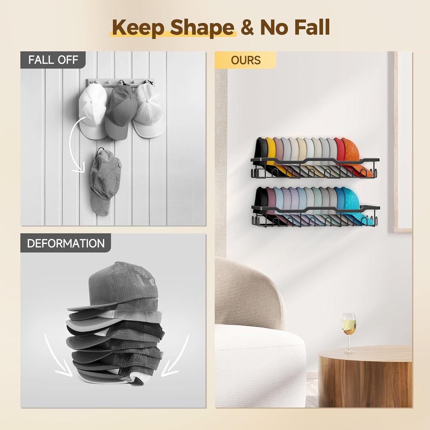 Nicetree Hat Racks - Metal Organizer for 48 Baseball Caps | 2-Pack Storage Solution in Black