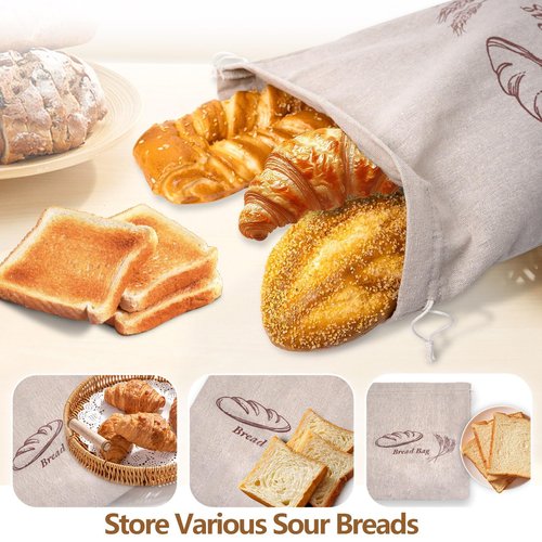 2-Piece Reusable Bread Bag Set. 13 x 17-inch linen bread bag with plastic liner keeps bread fresh and perfectly preserves baked goods.