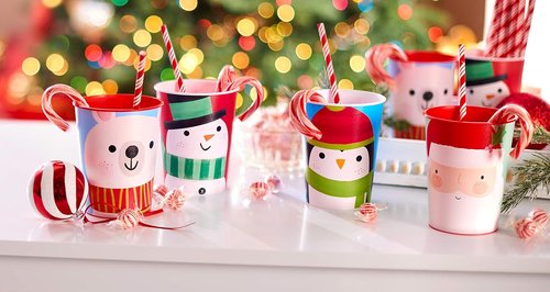 American Greetings Reusable Plastic Cups - 8-Count, 16 oz. Santa & Snowman Christmas Party Supplies
