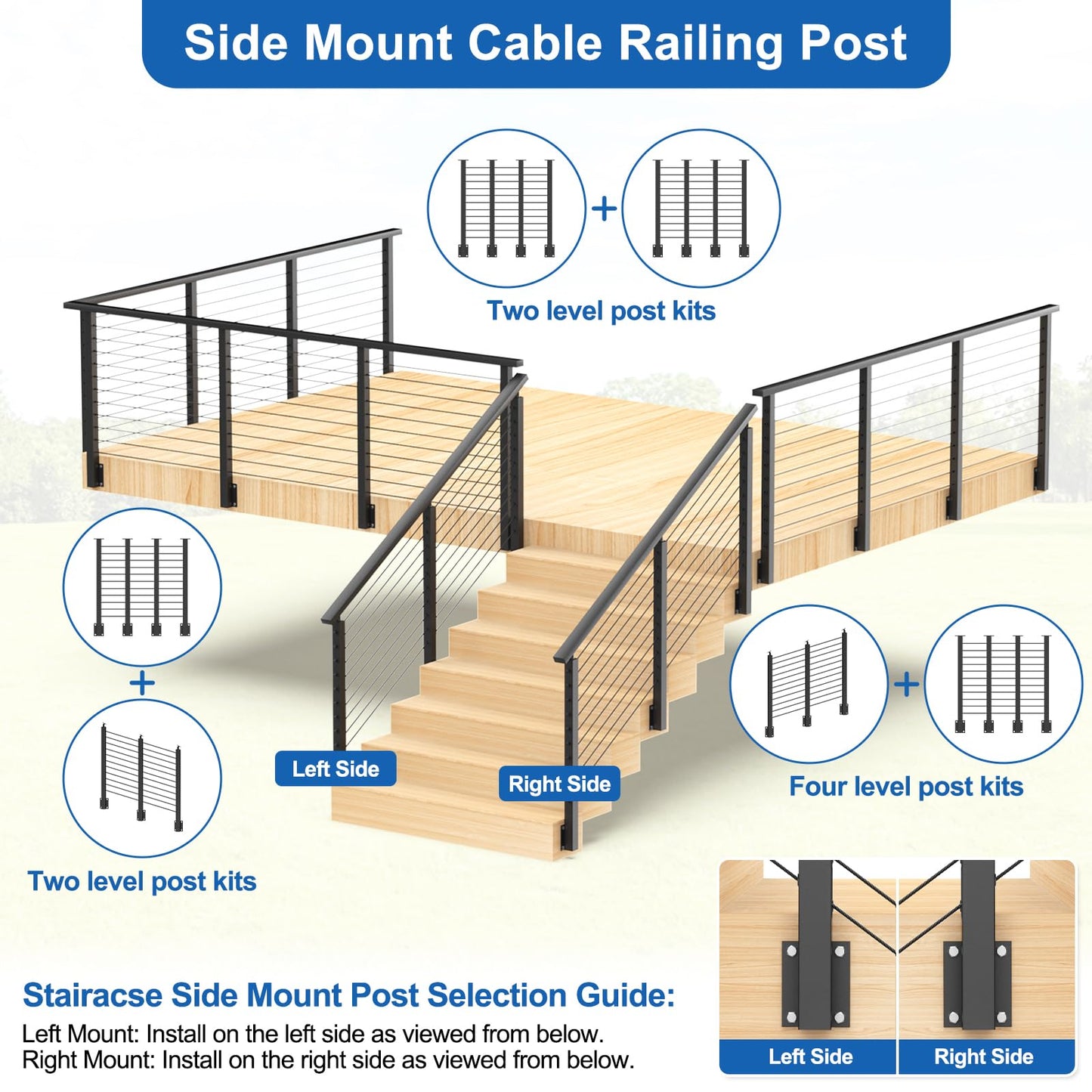 PLANTOP 4-12ft Complete Set 36" Side Mount Cable Railing Post for 25-35 Degrees Stair, 2 Pack Black Left Fascia Mount Stair Post, 150ft 1/8" Cable(No Handrail), Swageless Cable Railing Kit, MY10-SP