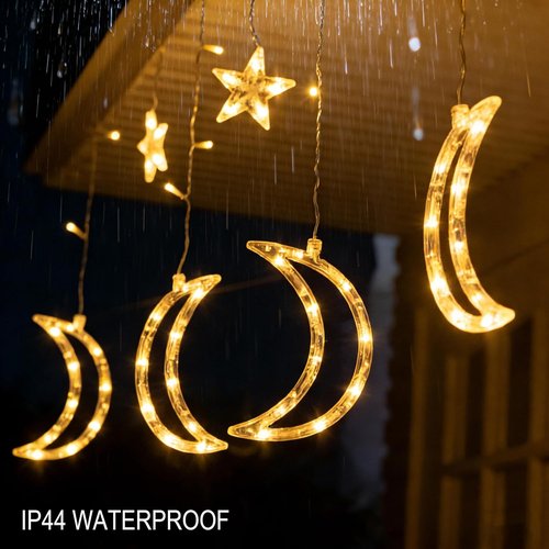 Dazzle Bright Ramadan Curtain String Lights - 138 LED Warm White Star & Moon Design | 8.2 FT Waterproof with Timer & 8 Modes