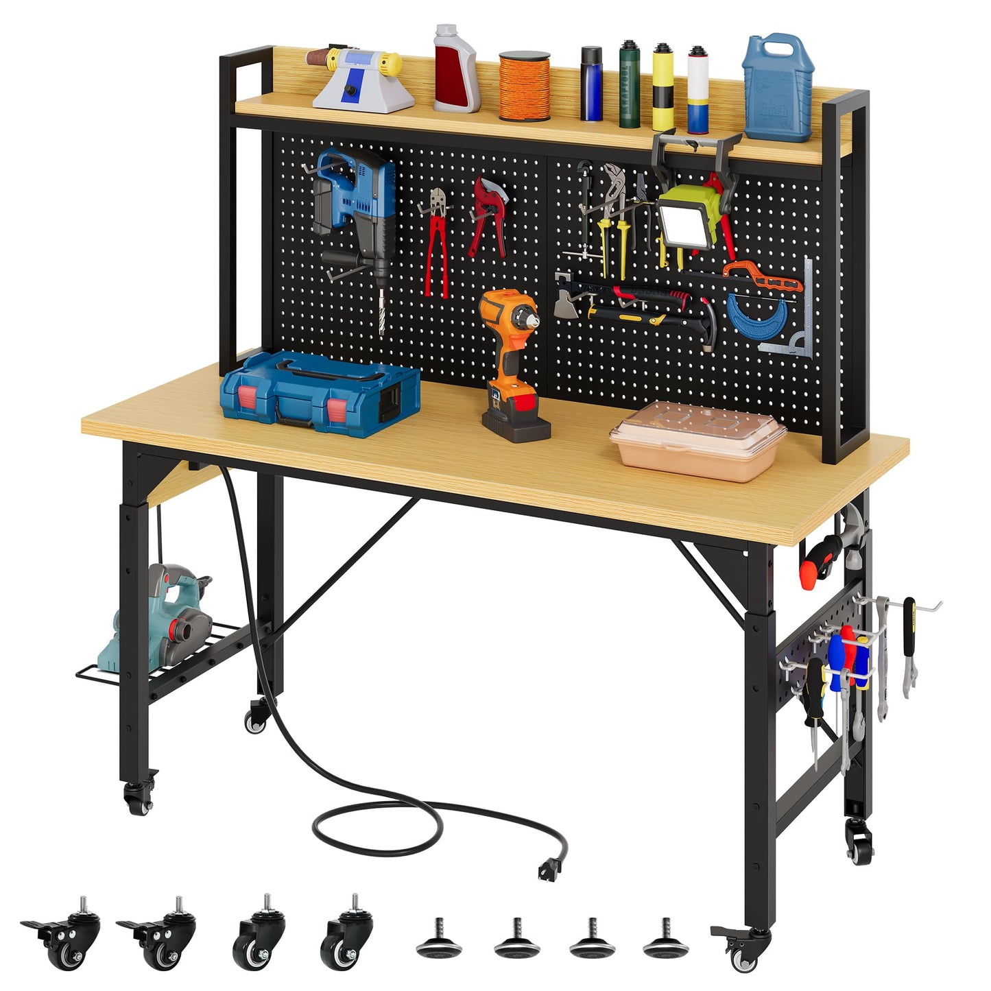 YITAHOME 48" Adjustable Workbench with Pegboard, Wheels, 1600 LB Capacity, Rolling Work Table with AC/USB Outlets, Hooks, and Rack, Heavy-Duty Work Bench for Garage, Workshop, Office