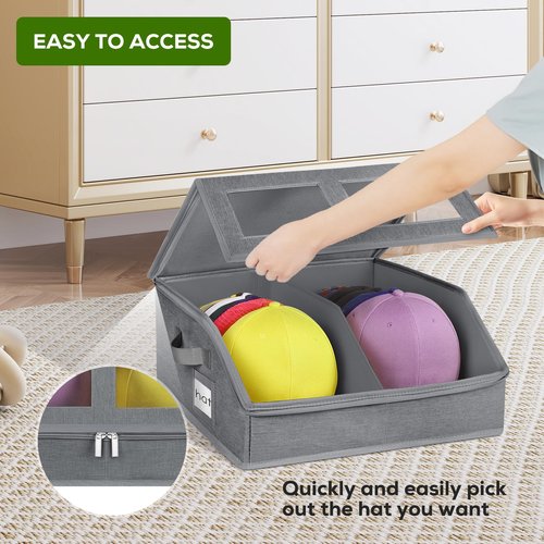 2 Pack Hat Storage for Baseball Caps-Holds Up to 48 Caps, Hat Organizer for Closet Stackable Hat Box with Cardboard, Dustproof Baseball Cap Organizer with 2 Handles for Home Travel (Grey, 2Pack)