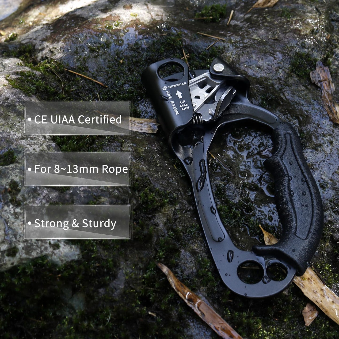 NewDoar Right Hand Ascender Rock Climbing Tree Arborist Rappelling Gear Equipment CE Certified Rope Clamp for 8~13MM Rope(Black Pro-Right)