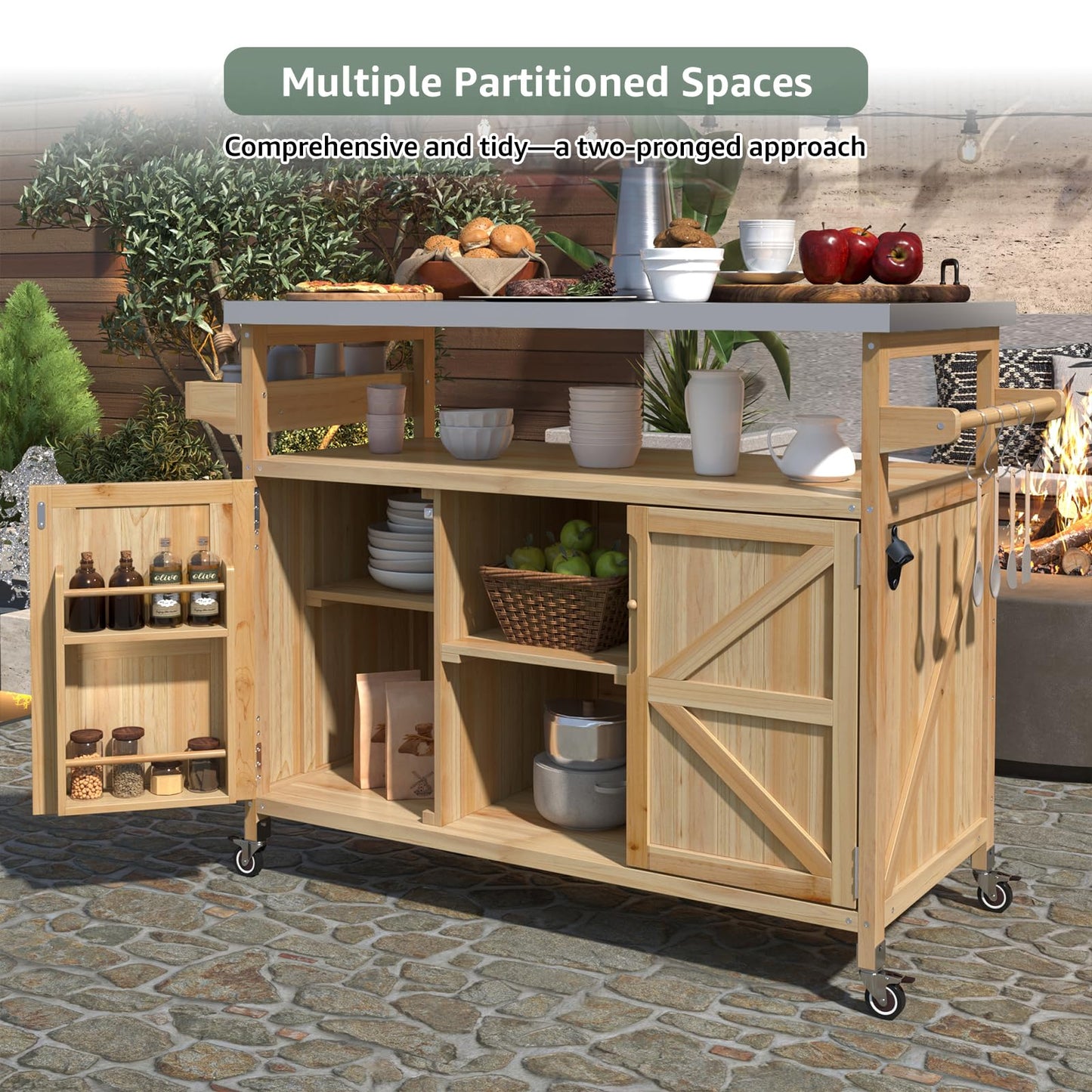 Waully 50.25" Outdoor Kitchen Island with Wheels for Food Prep, Strage, Bar, Rolling Outdoor Grill Table for Outside, Outside Cooking Table, Grill Carts, Cooking Station, Modular, Solid Wood, Natural