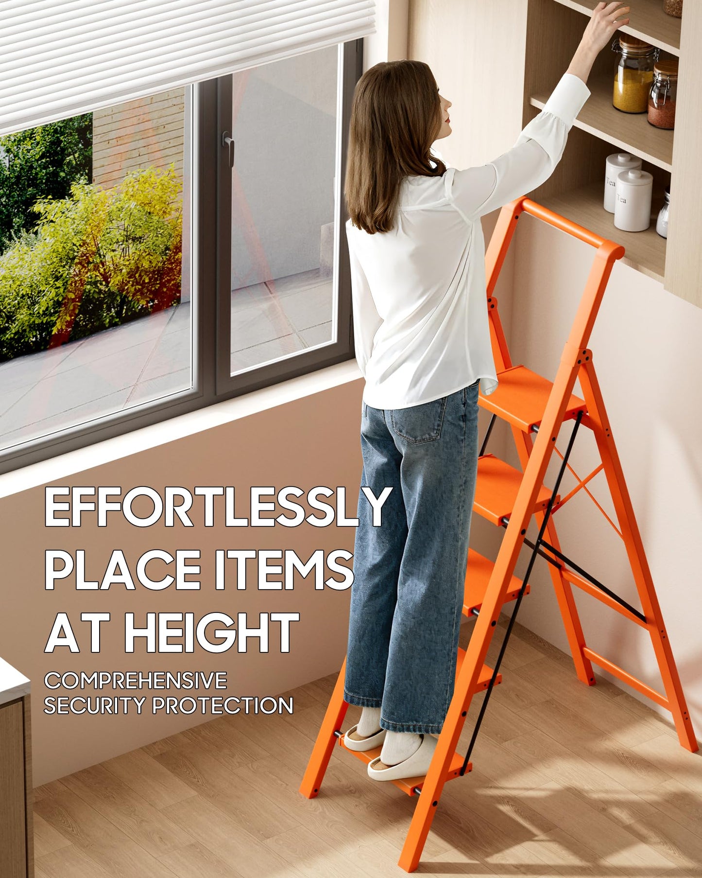 HillhutApex 5 Step Foldable Aluminum Step Ladder with Handgrip, Anti-Slip Pedal, 330 lbs Capacity, Lightweight & Portable for Home, Kitchen, Office, Garage (Orange)