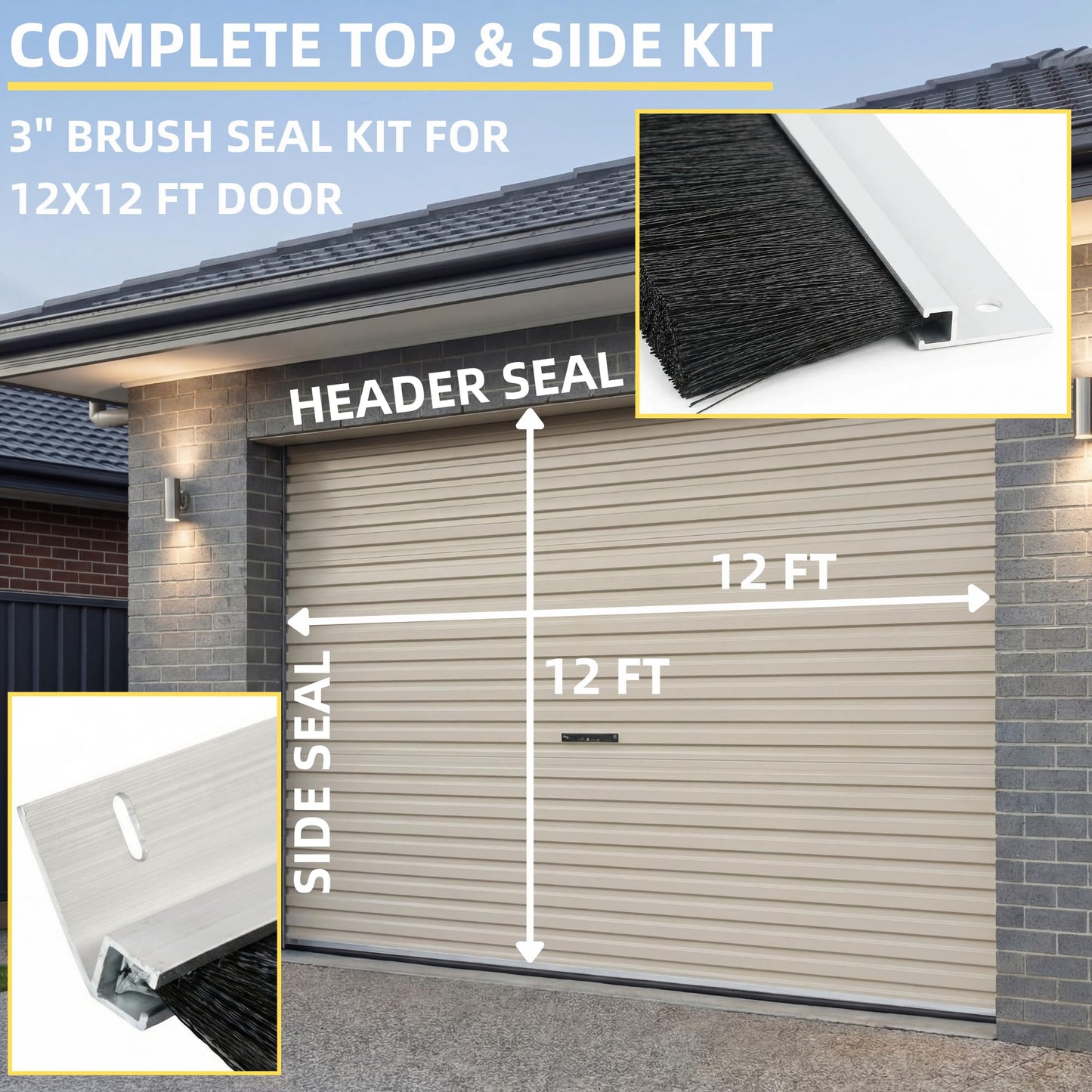 Mindoub 36 FT Garage Door Brush Seal Kit for 12'W X 12'H Doors, 3" High-Density Long Nylon Bristle with Pre-Drilled Aluminum Track, Complete Top and Side Weather Stripping for Commercial Doors