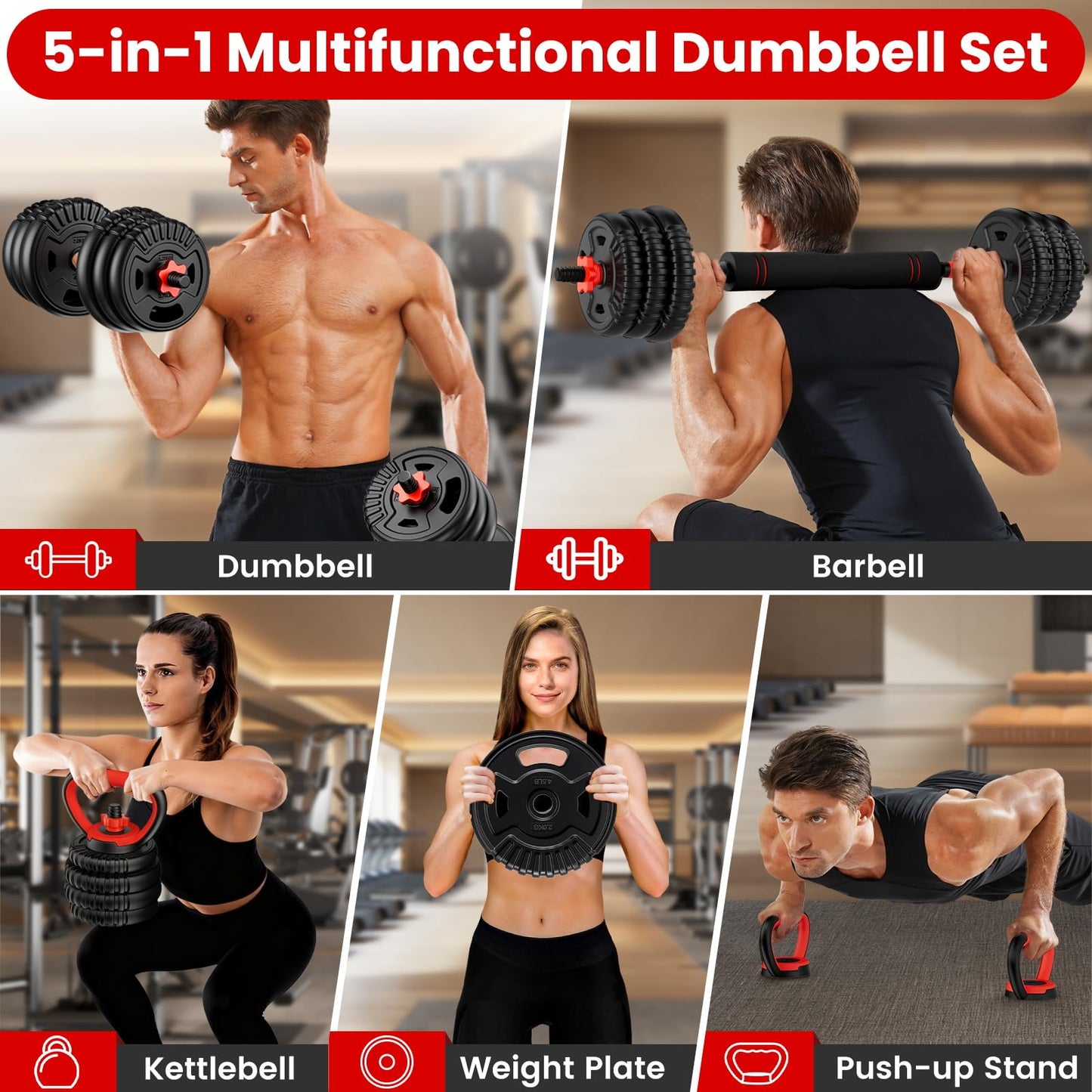 Adjustable Dumbbell Set, 45lbs Free Weight Set with Connector, 5-in-1 Dumbbell Set for Barbells, Kettlebells, Push up Stand, Weight Plate, Fitness Exercises for Home Gym Suitable Men/Women