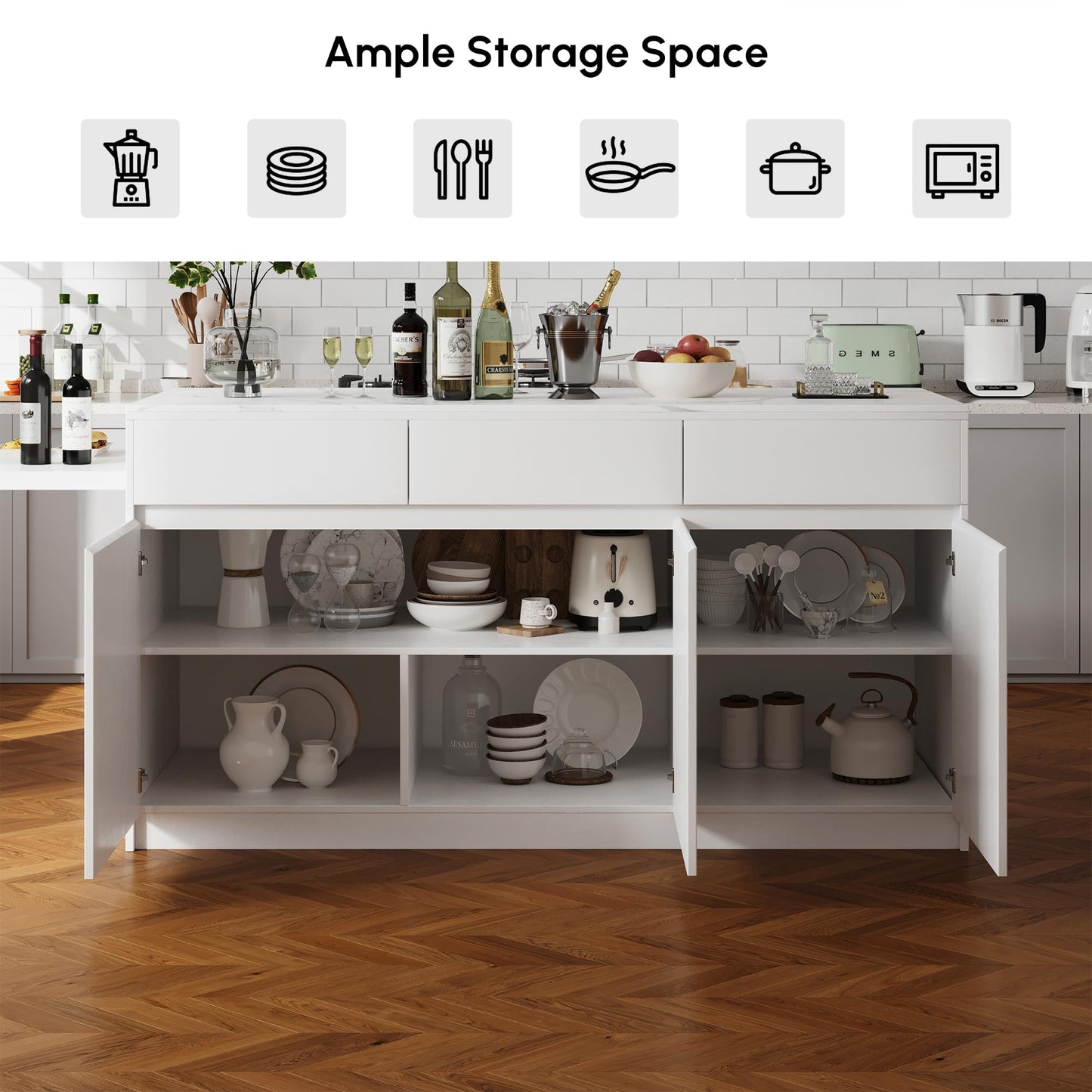 homary Extendable Kitchen Island, 81"-106" Kitchen Island Cabinet with Sintered Stone Top, Storage Drawers & Doors, White, Right-Hand Facing