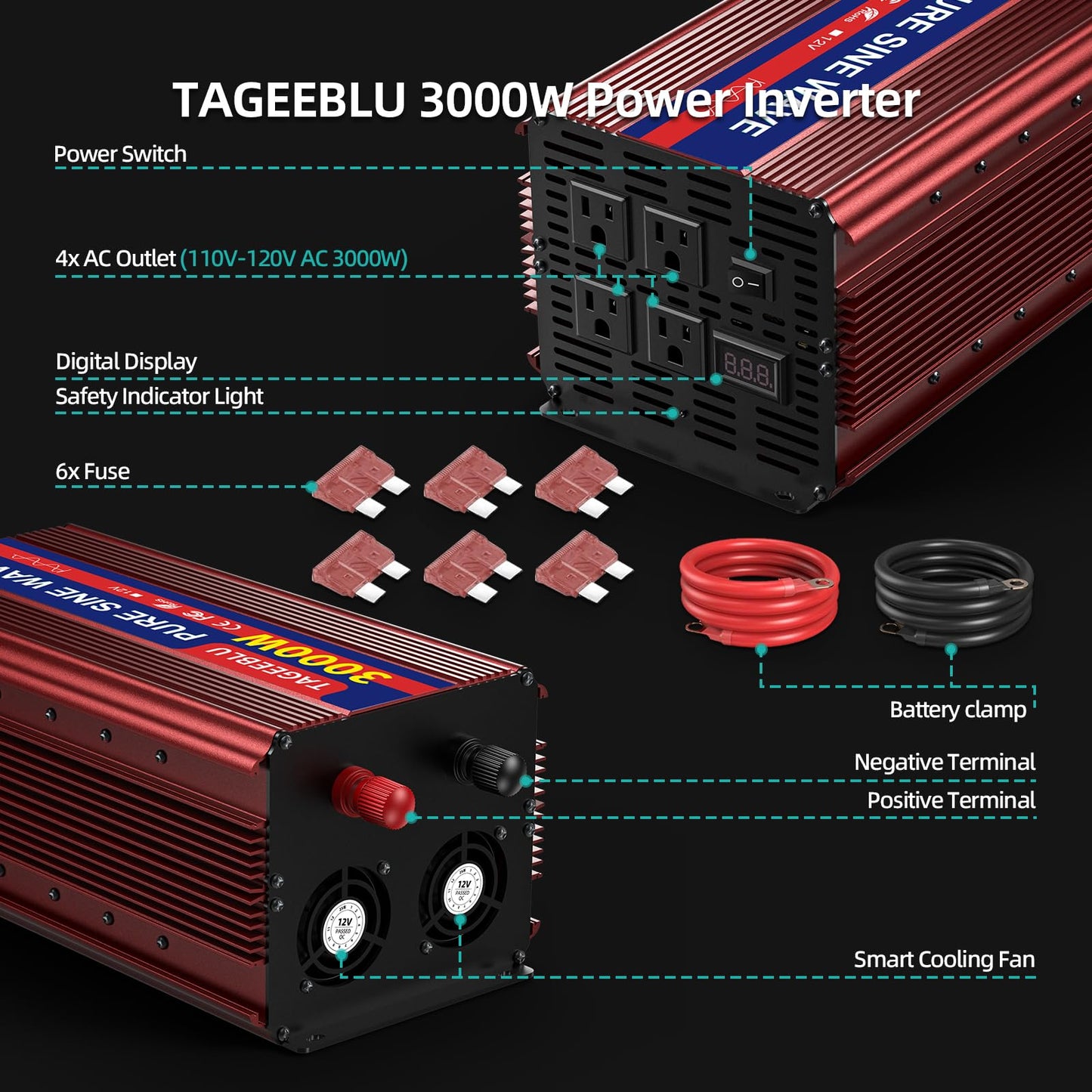 TAGEEBLU 3000W Pure Sine Wave Inverter - 6000W Surge Peak, 12V DC to 110V AC Heavy Duty Power Inverter for RV, Truck, Home, Solar, Off-Grid, Outdoor, Car Converter with 4 AC Outlets and LCD Display