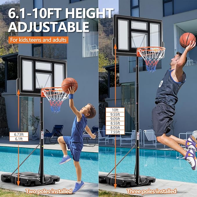 Sweetcrispy Portable Basketball Hoop Outdoor 6.1-10FT Adjustable Height, 44 Inch Shatterproof Backboard/Shock Absorbent Rim, Fillable Base, 2 Wheels for Backyard/Driveway