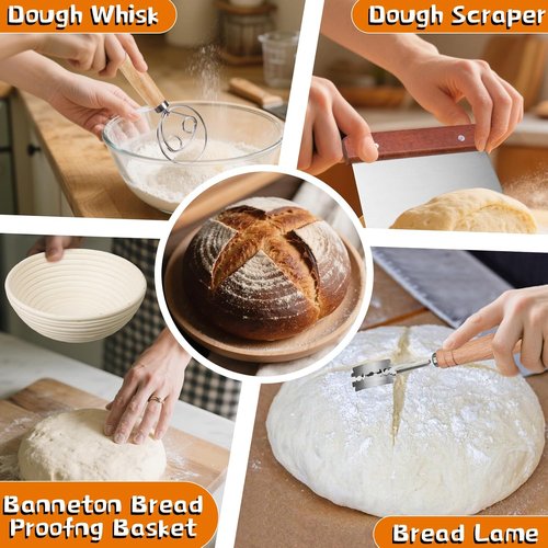 Dimpola Banneton Bread Proofing Basket Set - Handmade Rattan Sourdough Bowl with Liner | Round Design