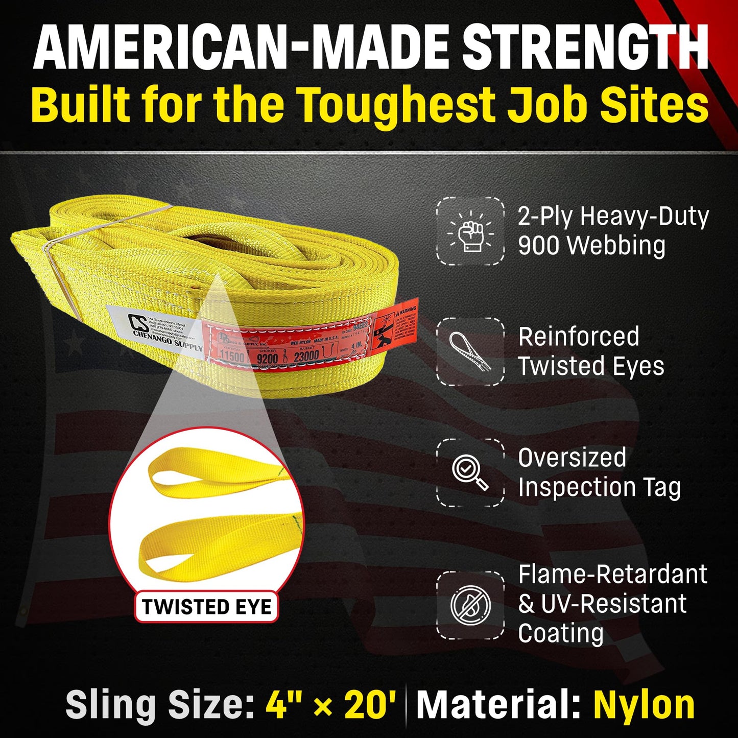 DD Sling 4" x 20' Nylon Lifting Sling – USA Made, 11,500 lb Vertical, 9,200 lb Choker, 23,000 lb Basket – 2-Ply Heavy Duty 900 Webbing, Type 4 Twisted Eye & Eye Rigging Sling, Safety Orange