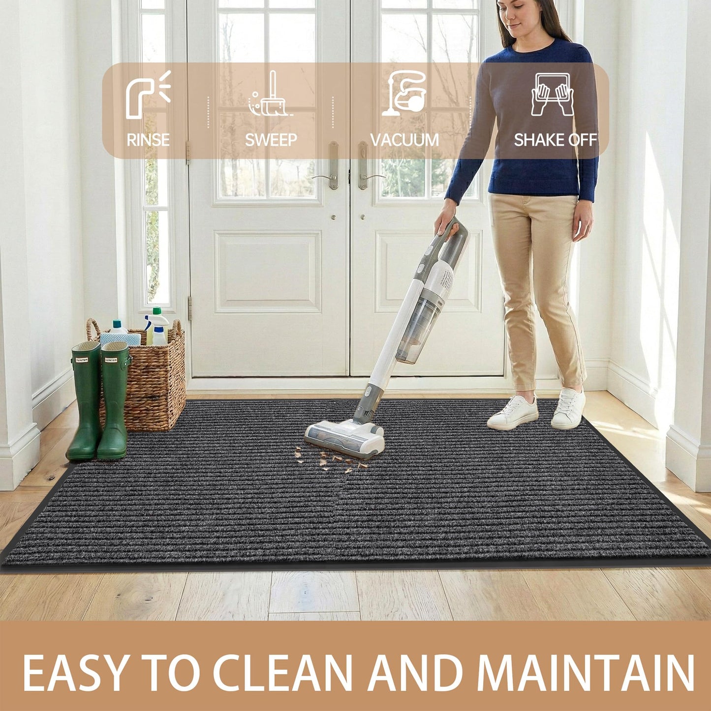 100pointONE Front Door Mat, Heavy Duty Indoor Outdoor Doormat for Entryway, 96" x 48" Low Profile Outdoor Mats for Home Entrance, Stain and Fade Resistant Welcome Mat for High Traffic Area, Dark Grey