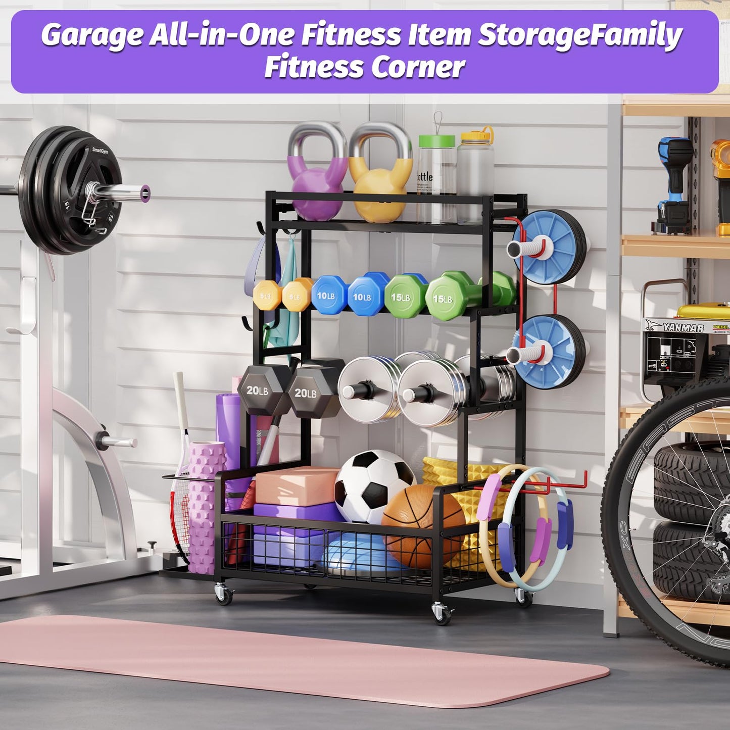 Dumbbell Rack,Home Gym Storage Rack,Total Weight Capacity 490 lbs,Weight Rack with Wheels/Strength Training Equipment Storage Rack with Hooks,Stores Dumbbells,Kettlebells,Yoga Mats