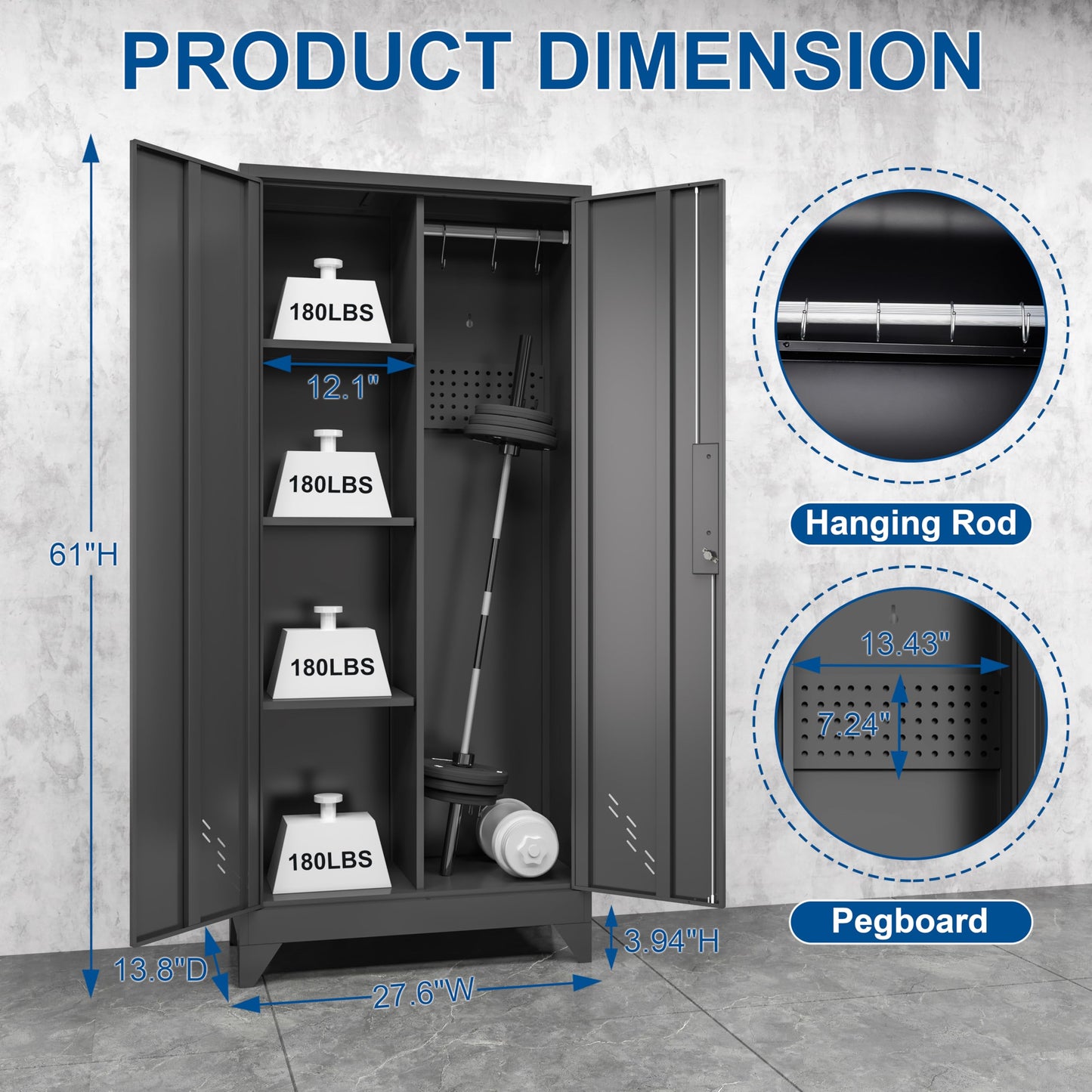 CBNTKI Metal Garage Storage Cabinets with Lock, Cabinet with Pegboard & Hanging Rod, Broom Closet Storage Cabinets, Black Lockable Steel Tool Cabinet for Home,Garage,Utility Room