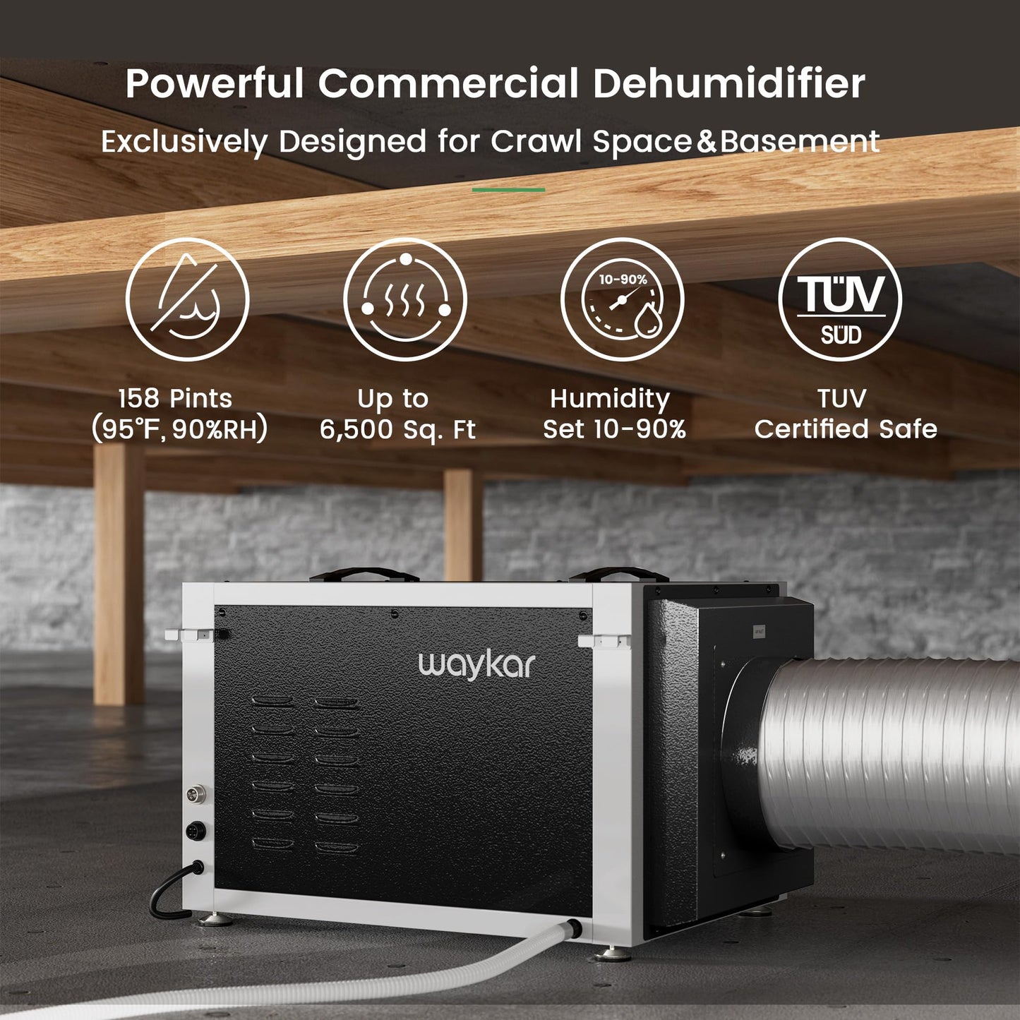 Waykar 158 Pints Crawl Space Dehumidifier with Remote Control up to 6,500 sq. ft., Dual Duct HVAC Commercial Whole-House Dehumidifier for Basement, Industry Water Damage Unit - 5-Year Quality Coverage
