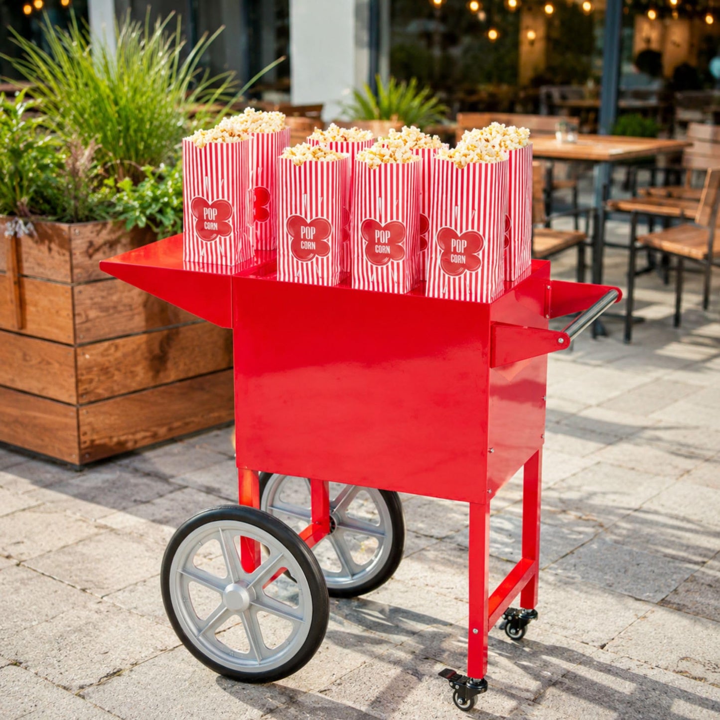 Restaurantware CART ONLY: Hi Tek Popcorn Stand For 8 Ounce Popcorn Maker 1 Red Popcorn Cart - Popcorn Machine Sold Separately 2 Wheels and 2 Locking Casters Stainless Steel Popcorn Popper Stand