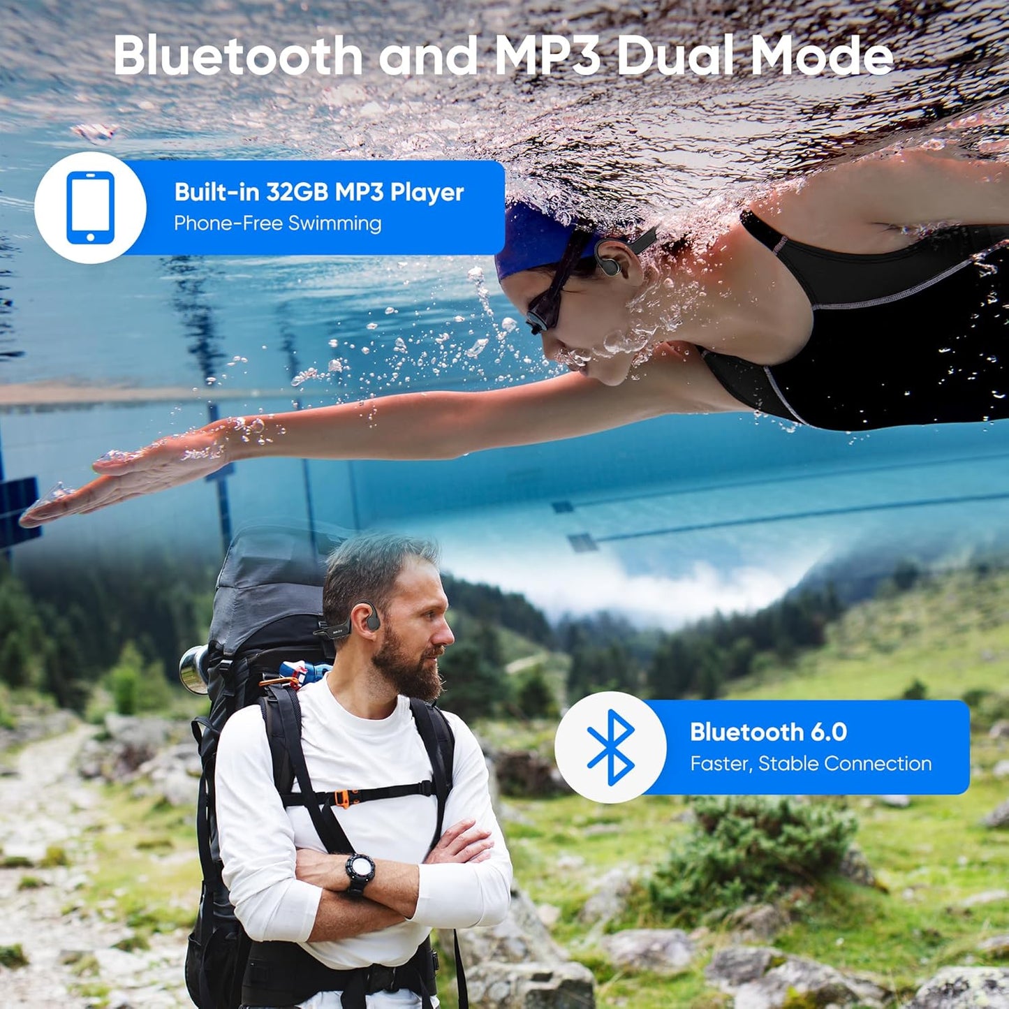 Nanajorwa IPX8 Swimming 32GB MP3 6.0 10H Bone Conduction Headphones, Waterproof Headphones with Player, Bluetooth