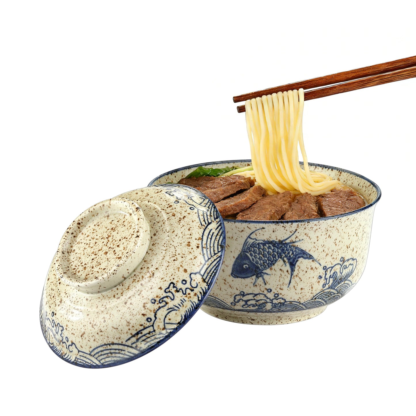 Ramen Bowl, DV 25 OZ Microwavable Japanese Korean Ramen Soup Bowl with Lid, Blue Fish and Wave Design