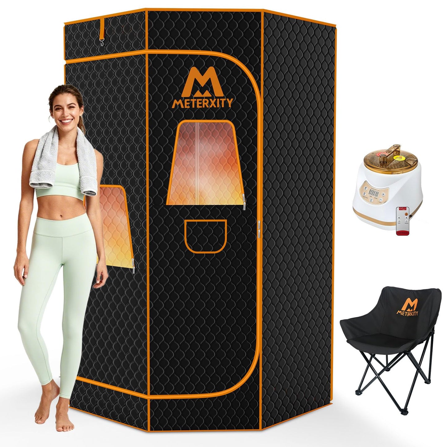 M METERXITY Portable Sauna for Home, Thickened 600D Steam Sauna Tent, Home Sauna Box with 3L 1500w Steamer, 9 Levels Heat, Folding Chair, Remote Control
