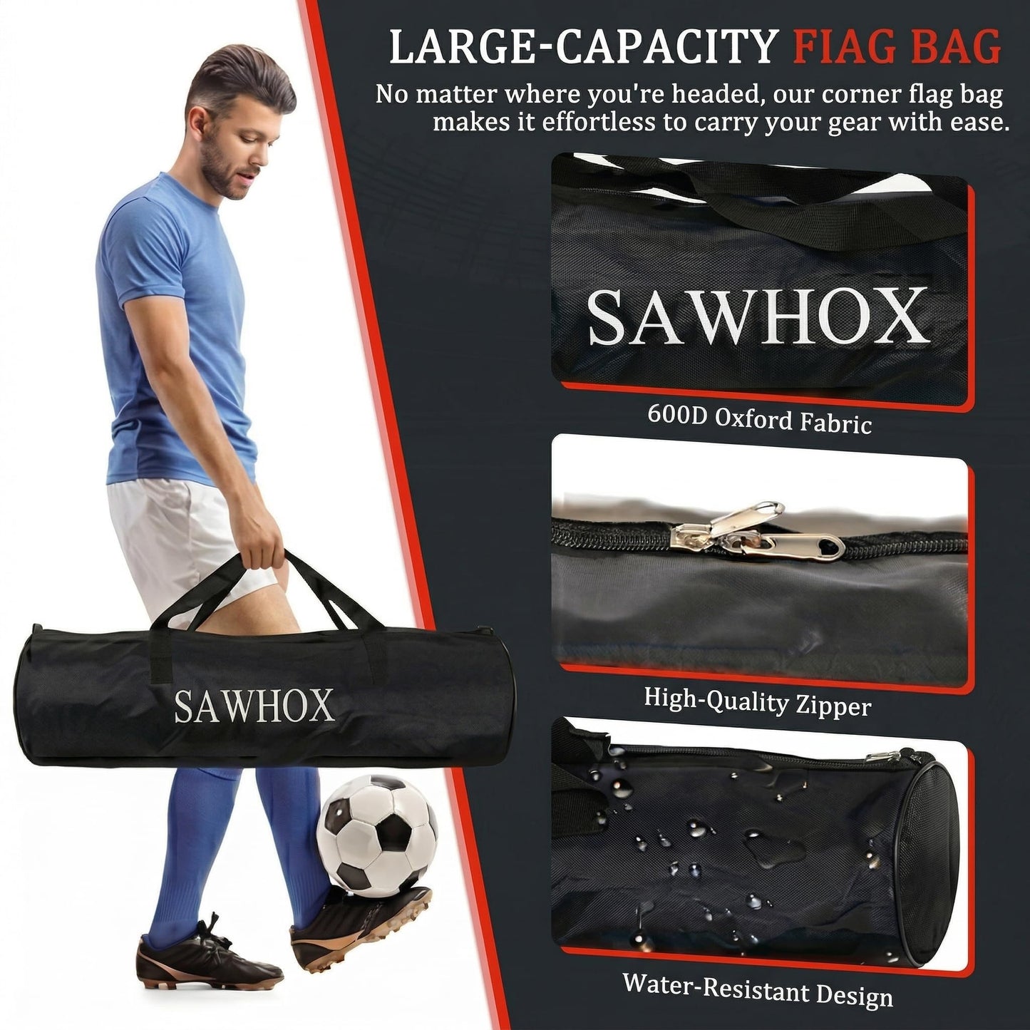 SAWHOX Soccer Corner Flags Set with Carry Bag, Red Corner Flags for Soccer Fields, 60" Reinforced ABS Poles for Match Training & Agility Drills (4 Pack)
